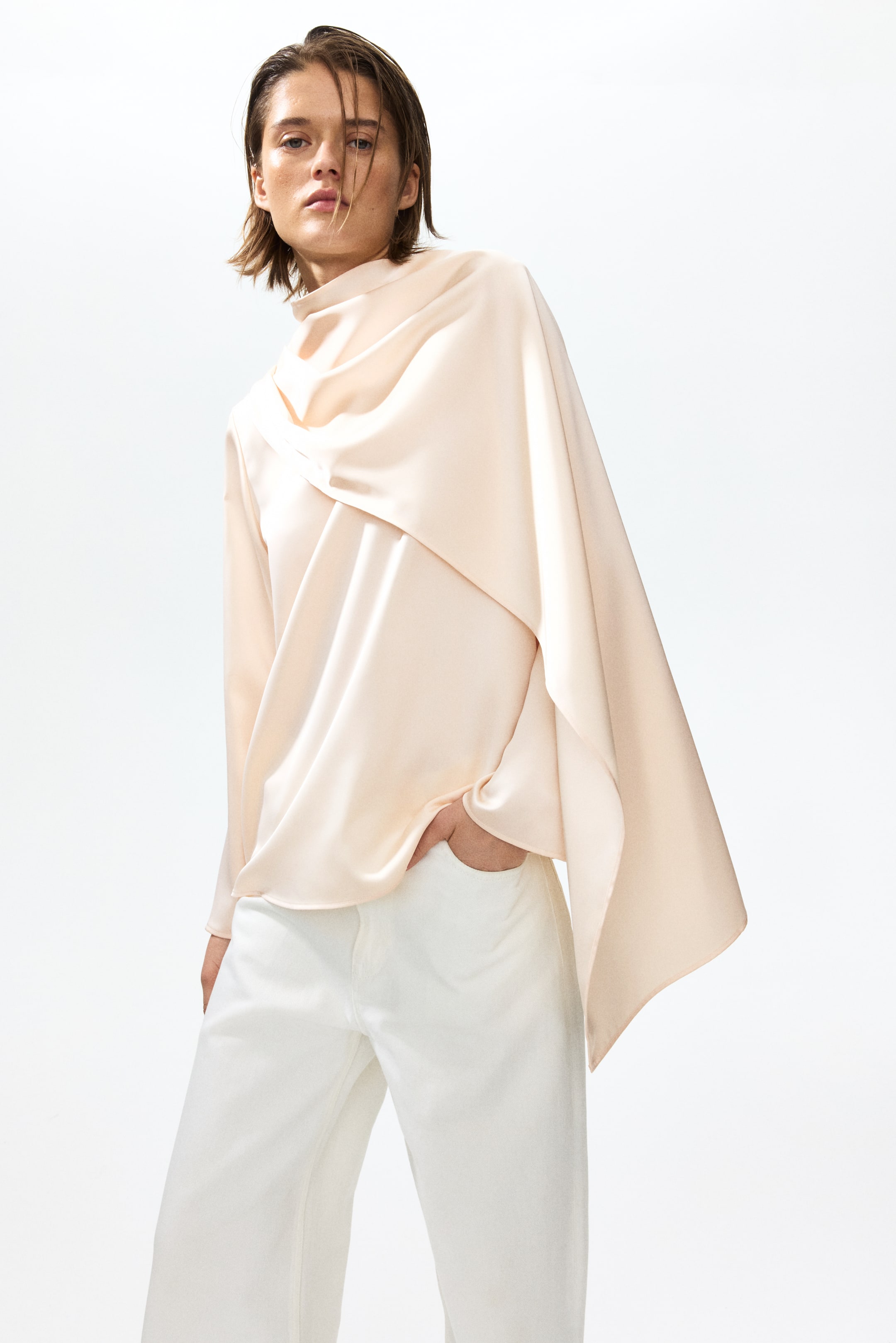 Shawl-Detail Satin Blouse