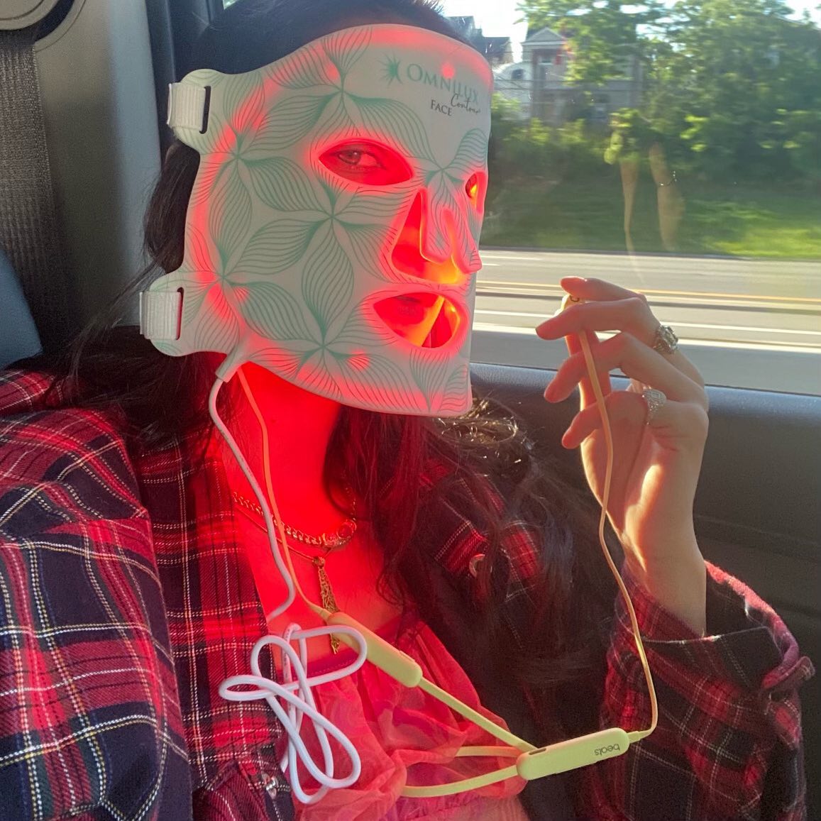 Bella Hadid wearing the Omnilux Contour Face Mask.