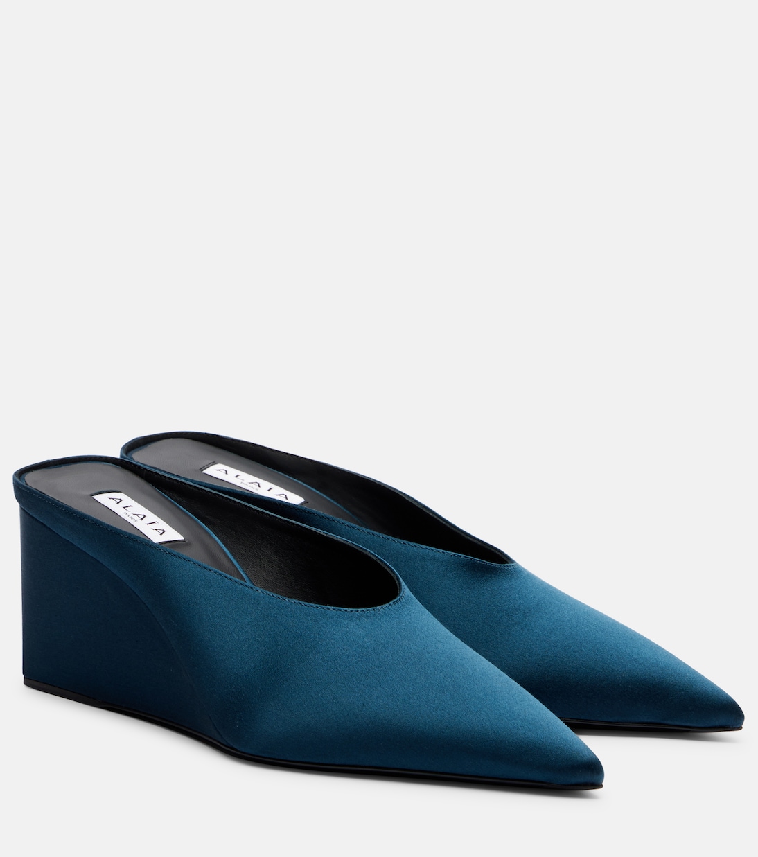 Cube Satin Wedge Mules in Blue - Alaia