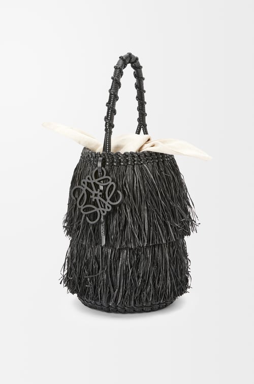 Frayed Bucket Bag in Raffia and Calfskin