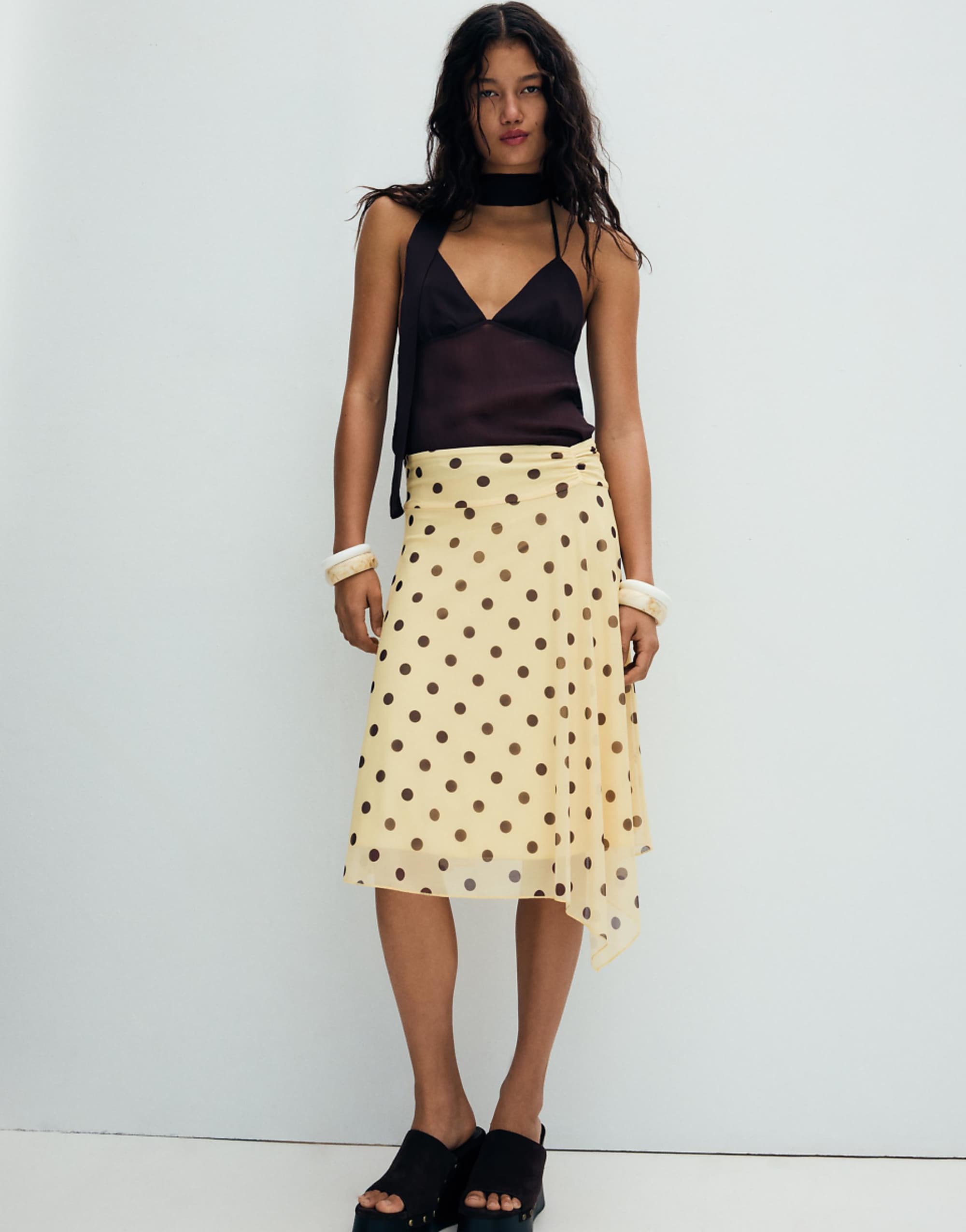 Bershka Asymmetric Polka Dot Midi Skirt in Yellow