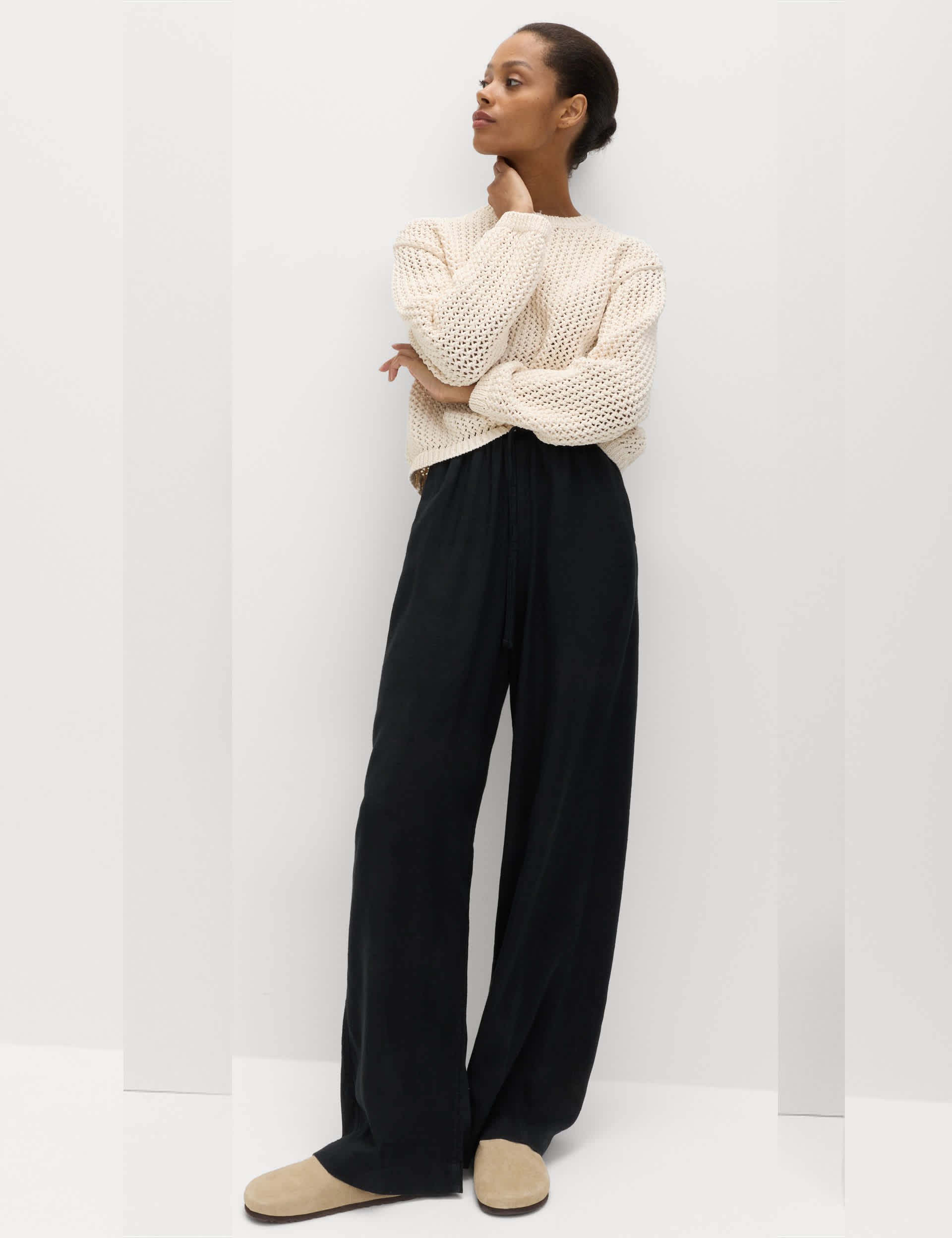 Drawstring Wide Leg Trousers With Linen