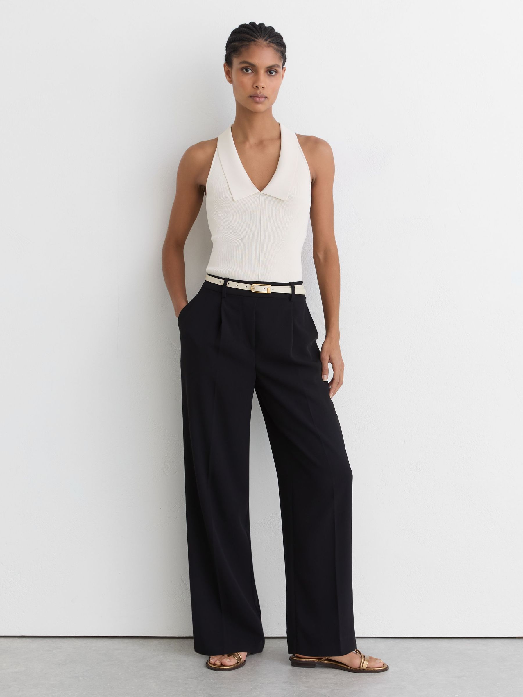 Elasticated-Waist Wide-Leg Twill Trousers in Black