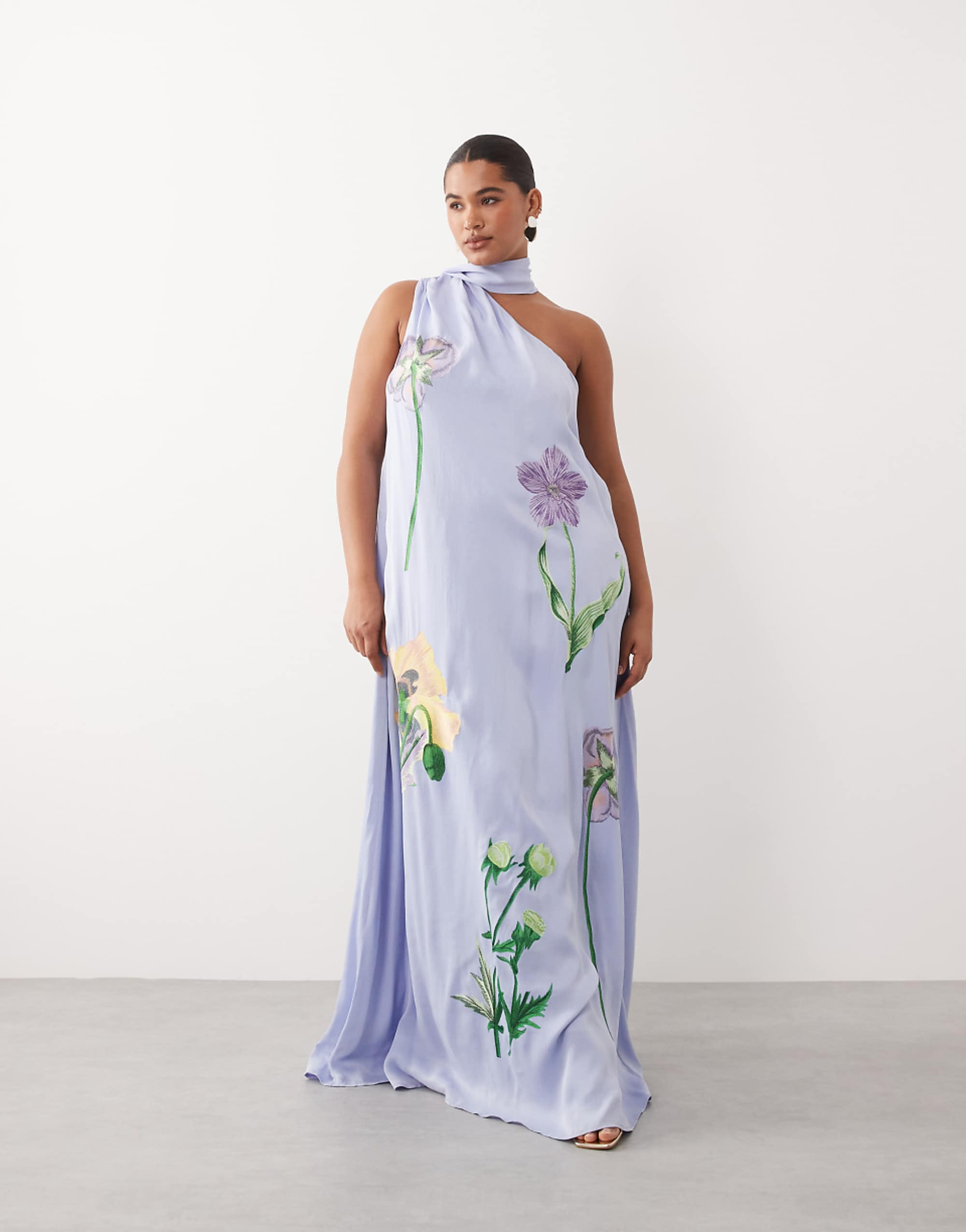 Arrange Curve Botanical Floral Embroidered One Shoulder Maxi Dress in Dusky Blue