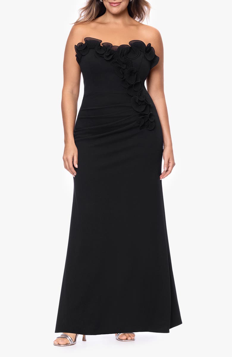 Pleat Ruffle Strapless Scuba Gown