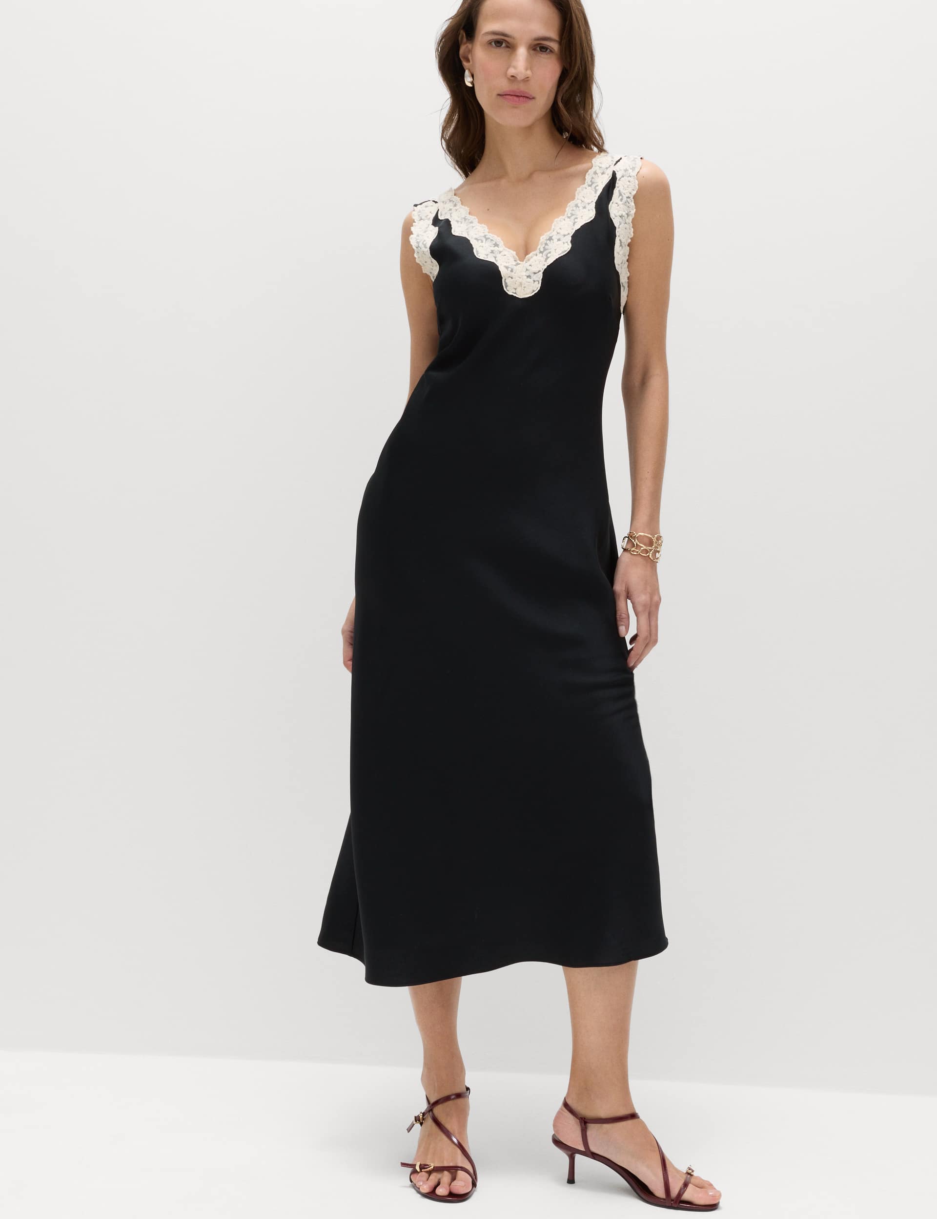 Satin V-Neck Lace Insert Midi Slip Dress