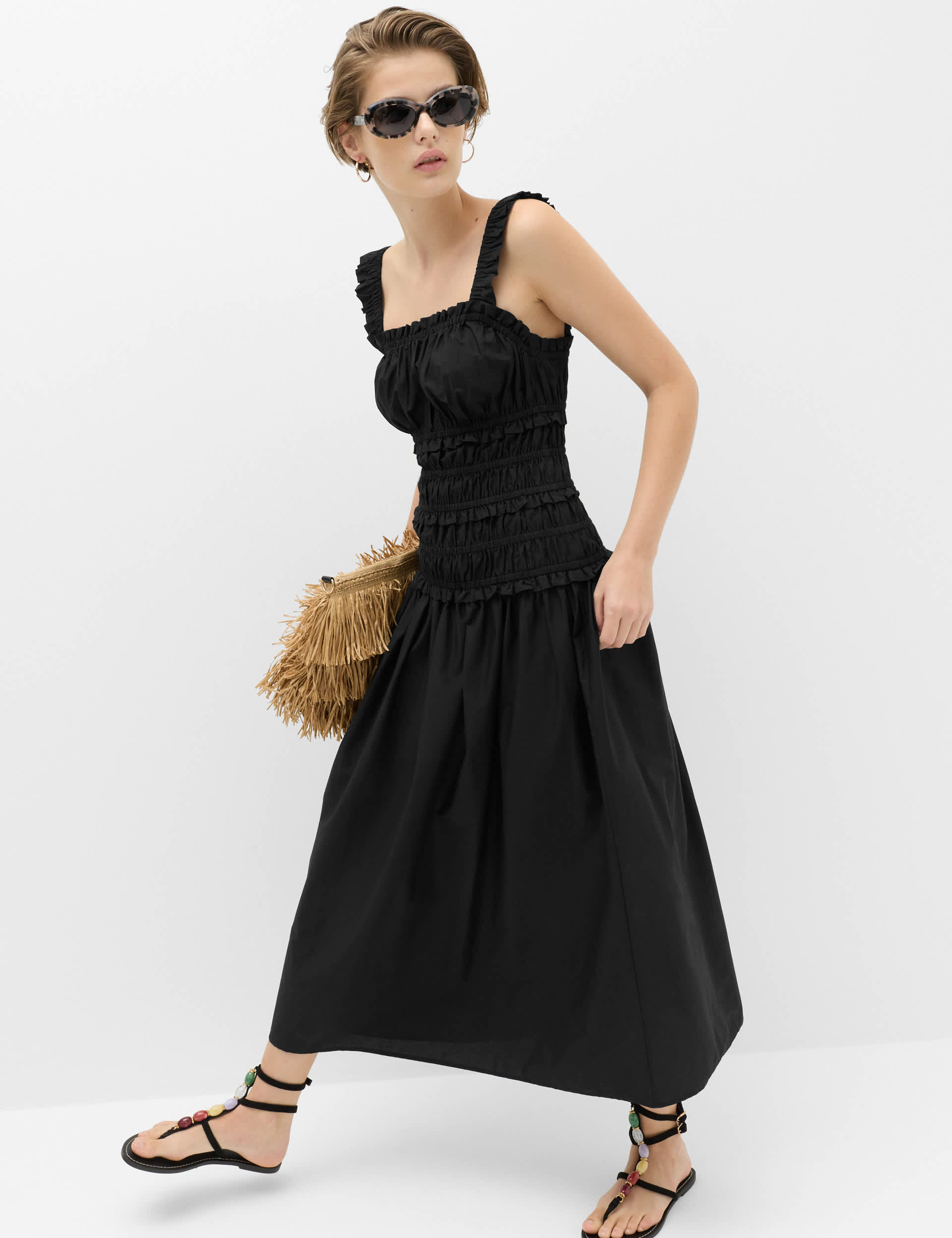 Pure Cotton Shirred Midi Waisted Dress
