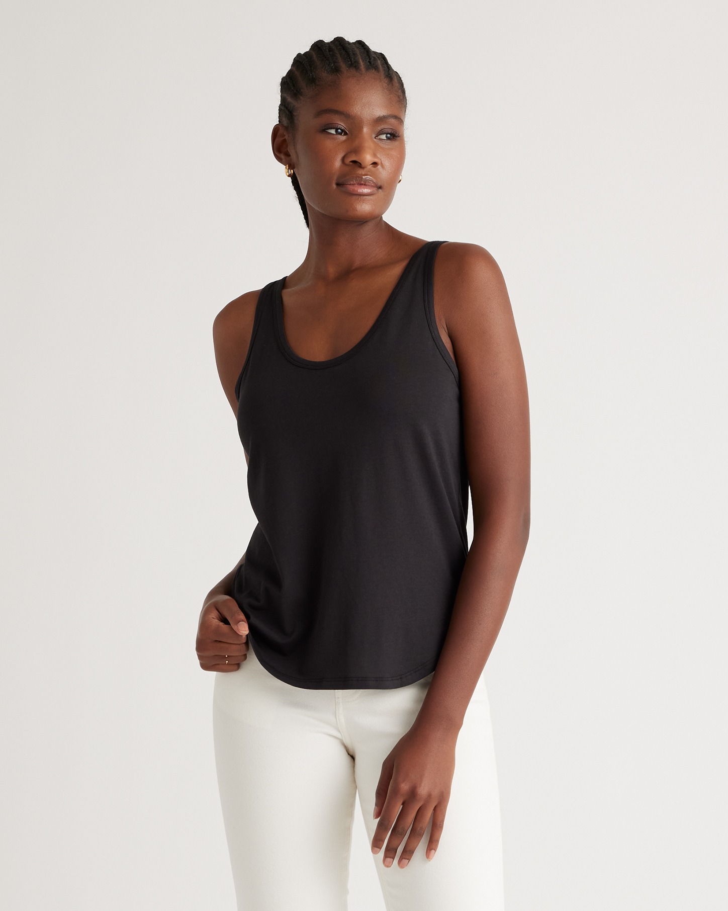 Cotton Modal Double Scoop Neck Tank in Black