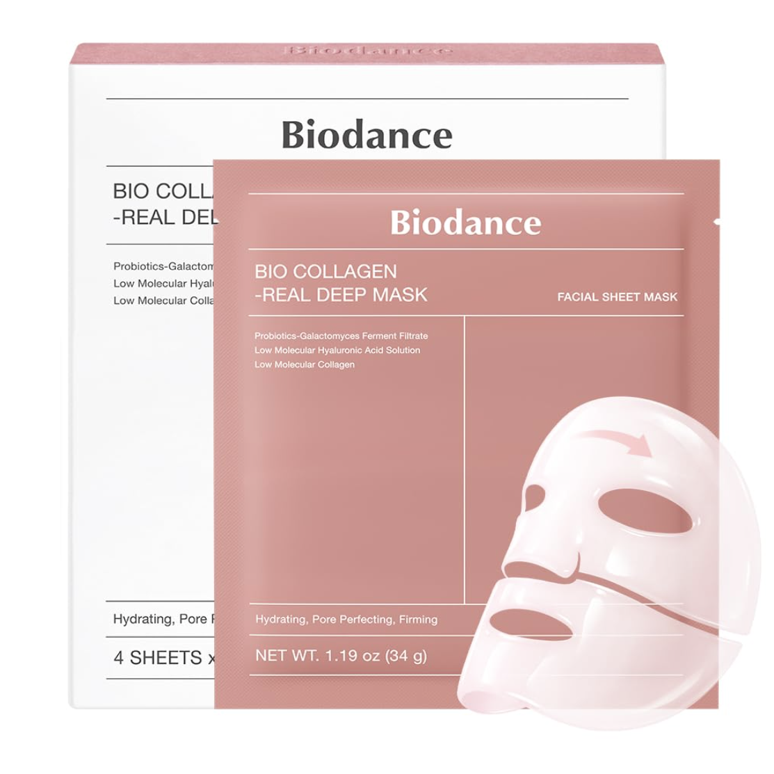 Biodance Bio-Collagen Real Deep Mask, Hydrating Overnight Hydrogel Face Mask, Pore Minimizing, Elasticity, Plumping, Travel Essentials &amp;amp; Self Care Gifts for Women, Korean Skin Care | 1.19oz(34g) X 4ea