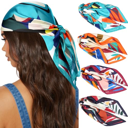 Awaytr 27.5&amp;rdquo; Silk Satin Square Head Scarf - 4pcs Satin Head Scarves for Women Hair Kerchief Bandanas Sleeping Head Wraps (flower(blue/burgundy/black/orange))