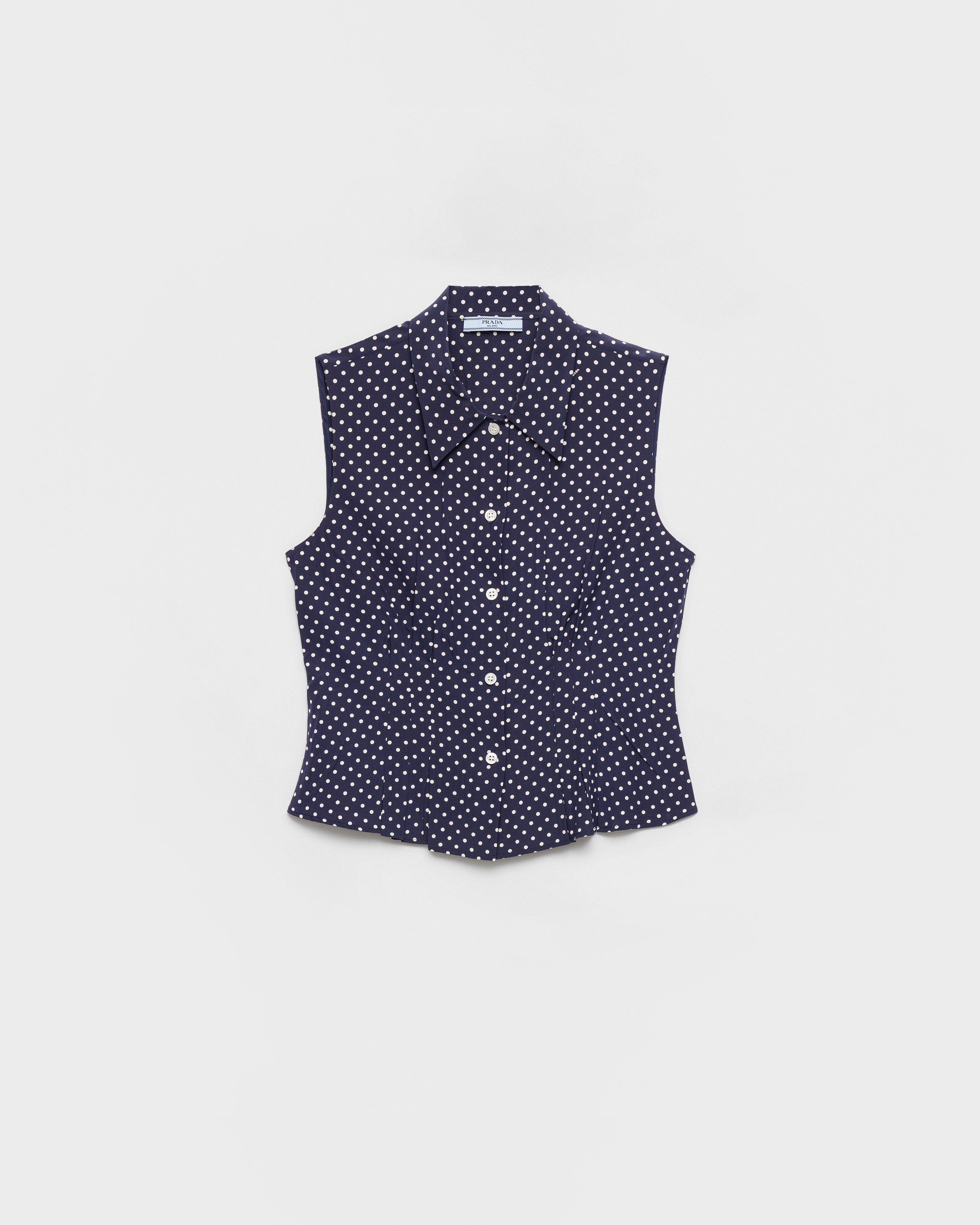 Sleeveless Polka-Dot Marocain Silk Shirt Blue/white