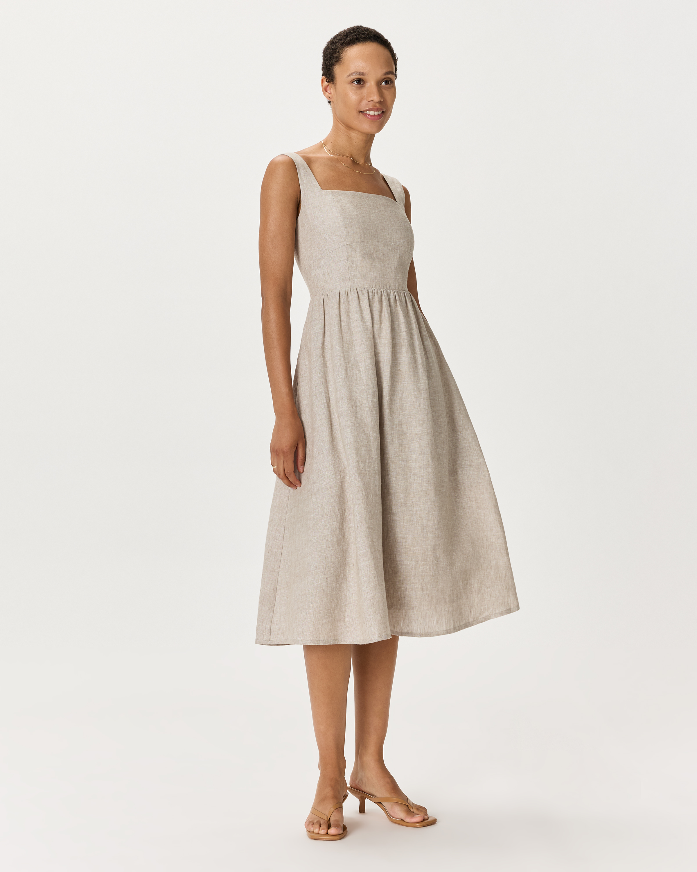 100% European Linen Fit &amp;amp; Flare Midi Dress in Flax
