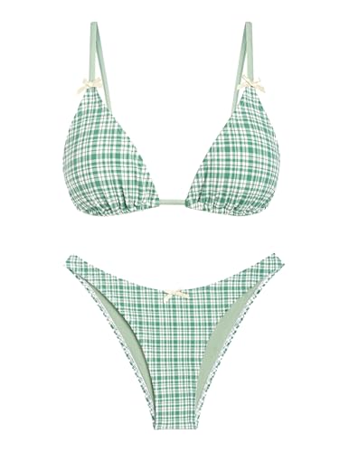 Seamoly Womens Bikini Swimsuits 2 Piece Tie Back High Cut Two Piece Bathing Suit Sexy Triangle Thong Swimwear Green Pliad M