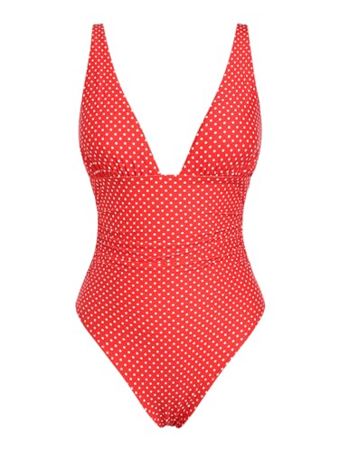 Seamoly Red Polka Dot Print Plunging Neck One-Piece Swimsuit Red M