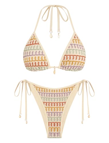 Zaful Women's Colorblock Stripes Triangle Halter Tied Cheeky Thong Bikini Set High Cut Two Piece Bathing Suit (2-Beige, S)