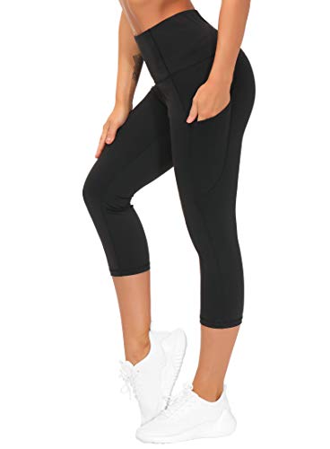 The Gym People Thick High Waist Capris Yoga Pants With Pockets, Tummy Control Workout Running Yoga Leggings for Women Black