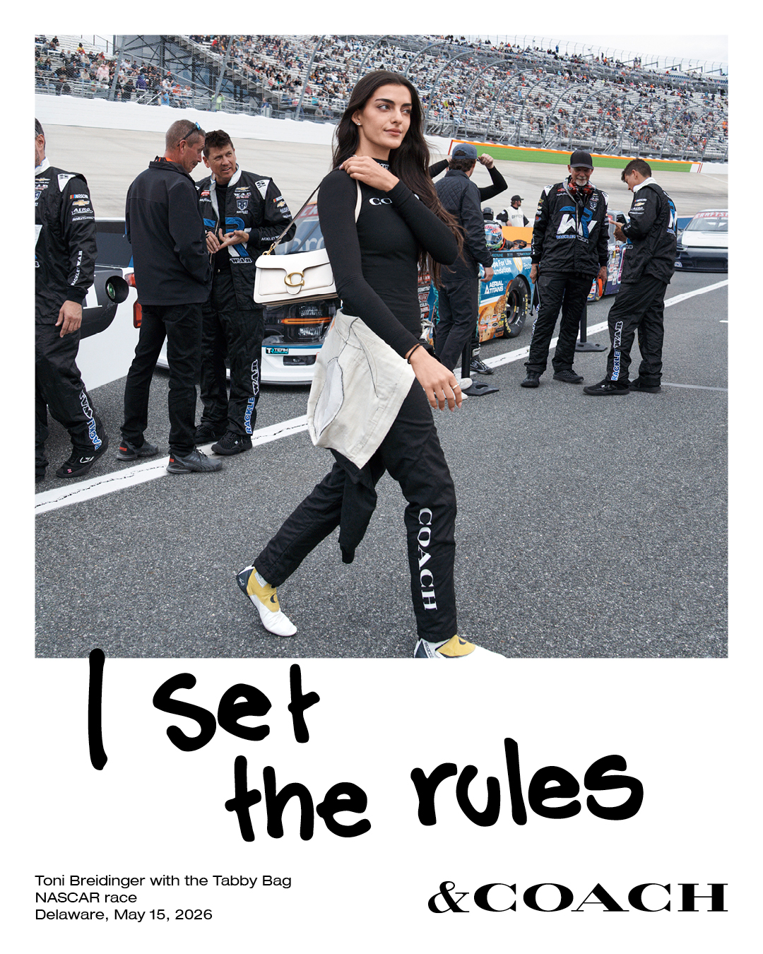 Toni Breidinger wearing a white Coach Tabby bag , black Coach longsleeve shirt and black Coach pants