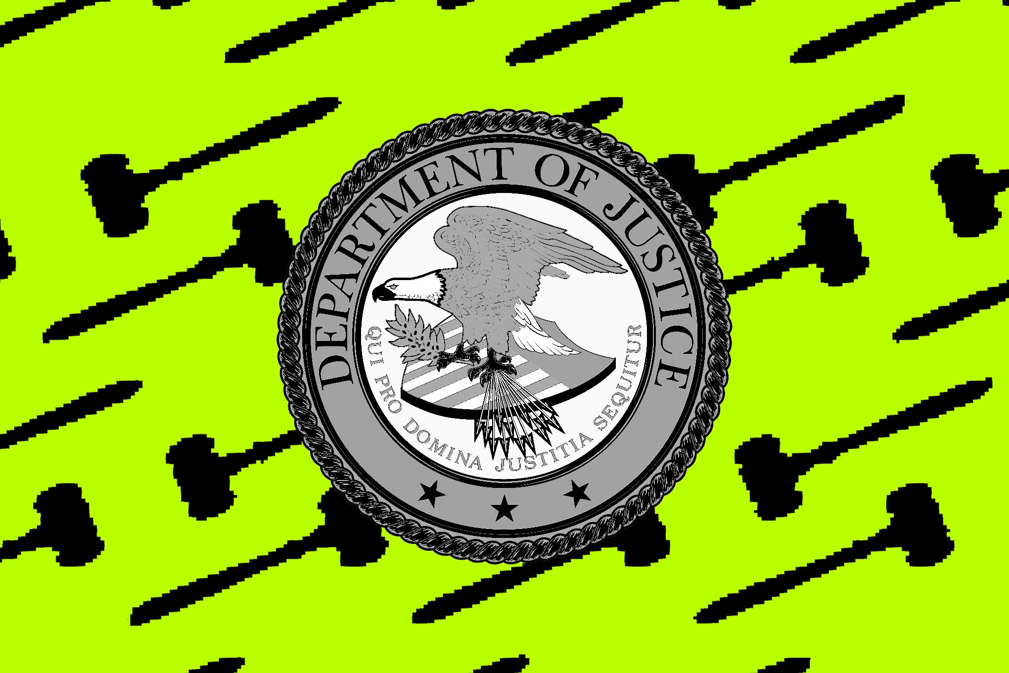 The DOJ seal in front of a background of gavels.