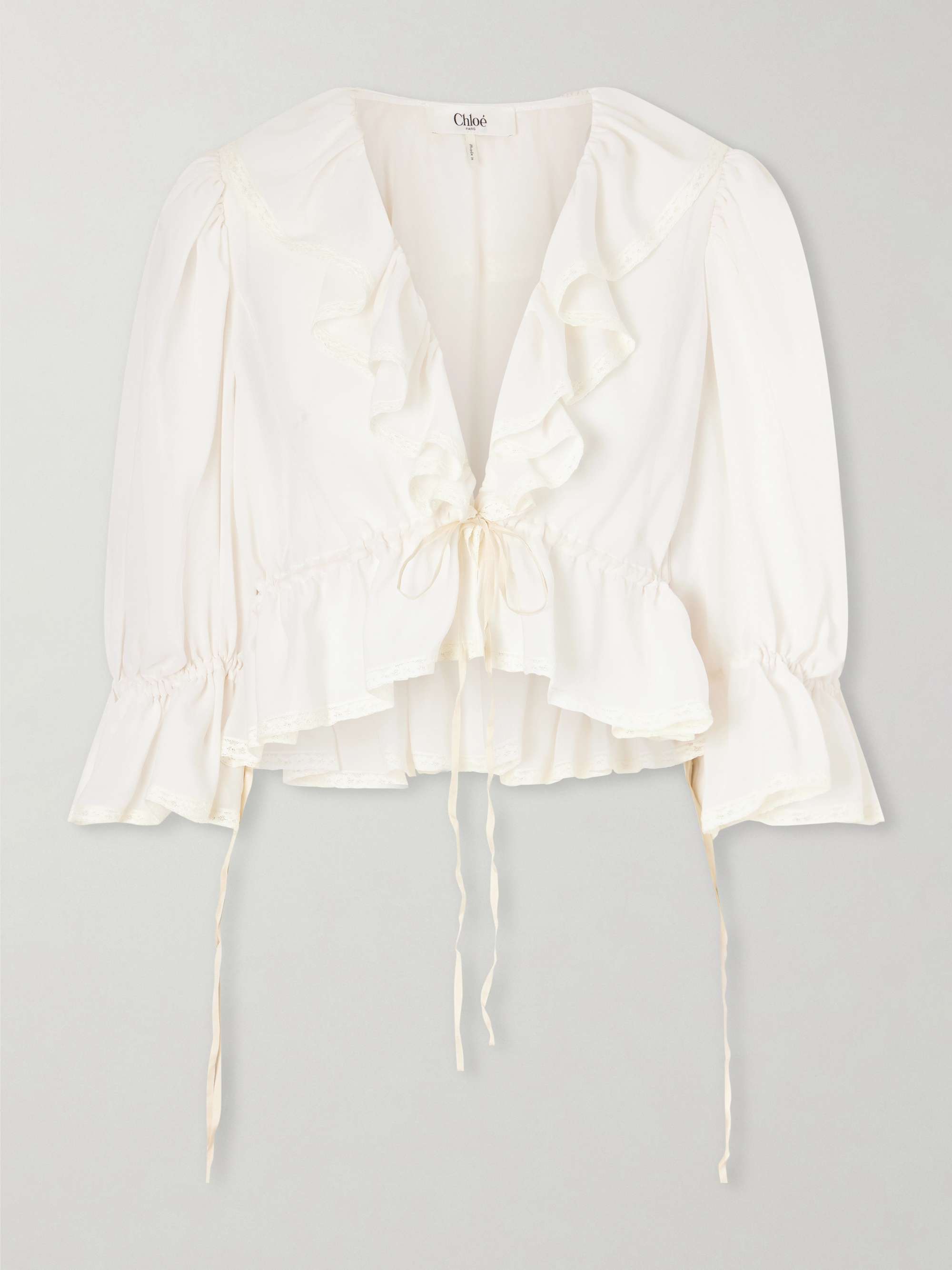 Lace-Trimmed Ruffled Silk-Georgette Blouse