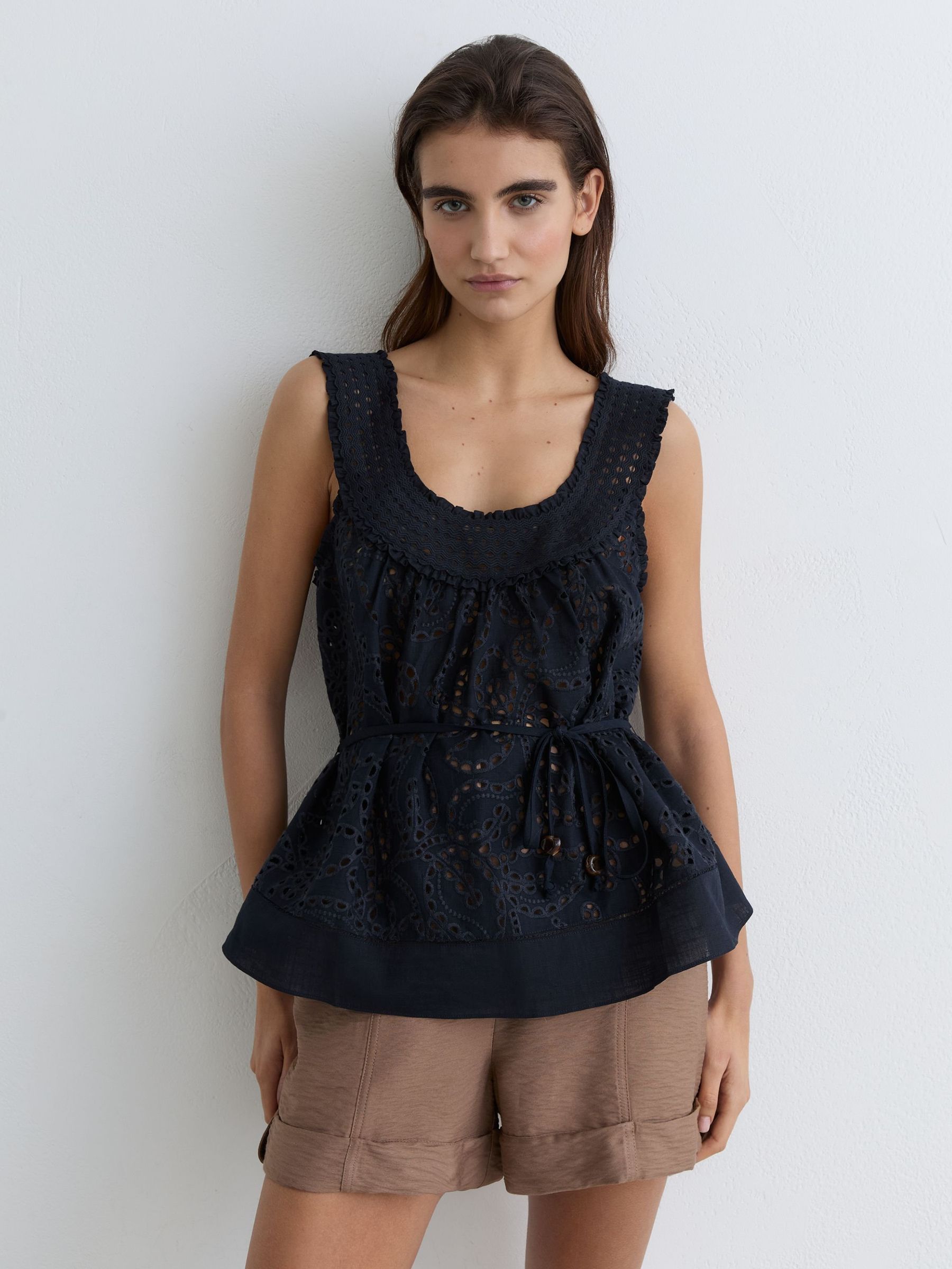 Cotton Broderie Anglaise Cami Top in Navy - Size 4