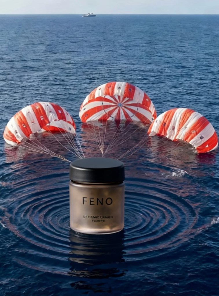 Several large red and white parachutes floating on the water, with a ship visible in the distance. A container labeled "FENO 55 GRAMS CANNABIS FLOWER" is floating on the water.