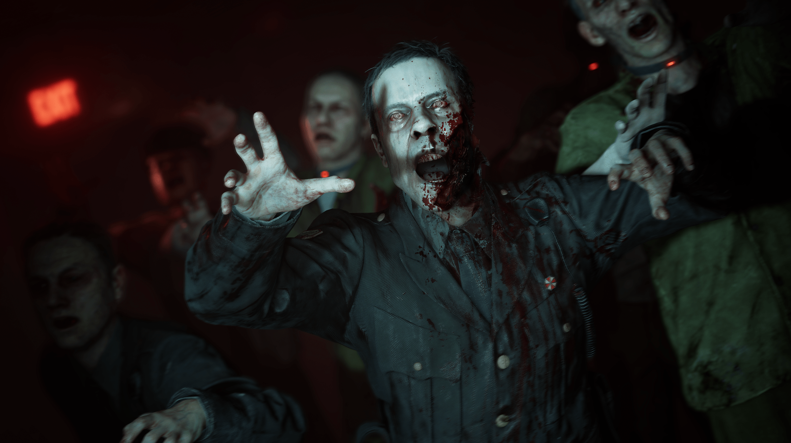 A bloodied, disheveled man in a dark coat raises his hand menacingly in a dimly lit setting, conveying a sense of horror and danger.