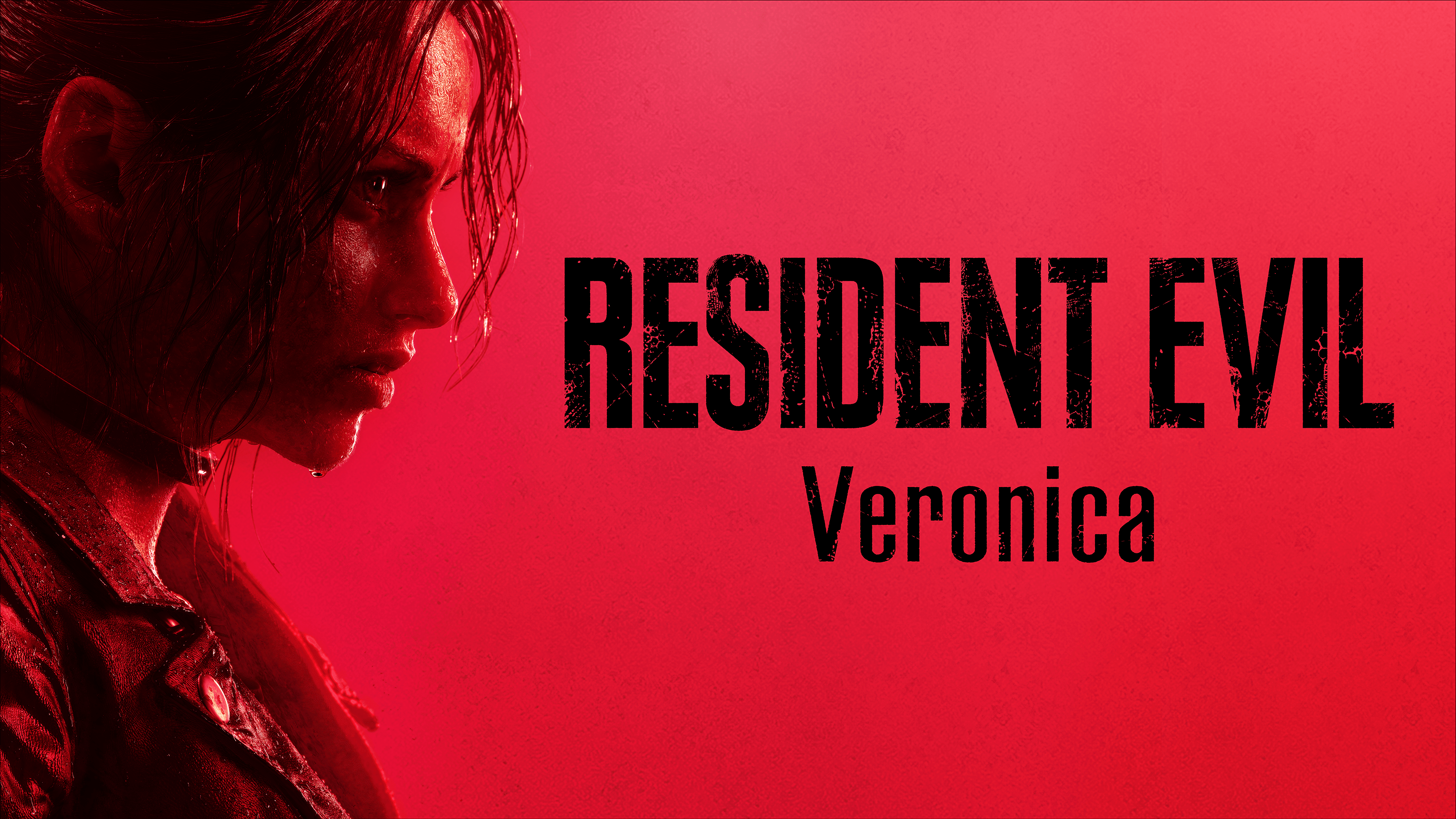 A close-up portrait of a woman with red hair and a serious expression against a bright red background, with the text "RESIDENT EVIL Veronica" prominently displayed.