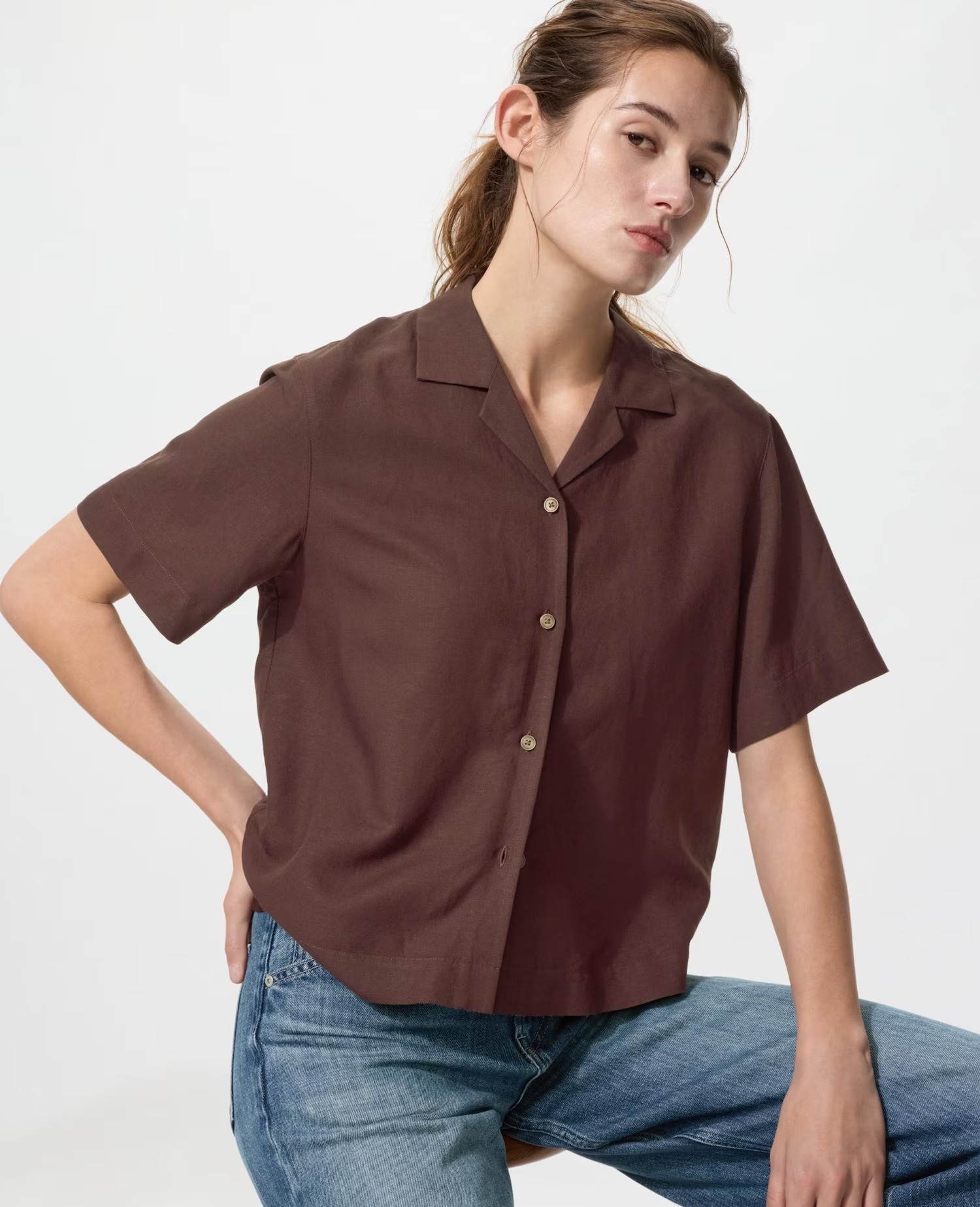 Uniqlo, Linen Blend Open Collar Shirt