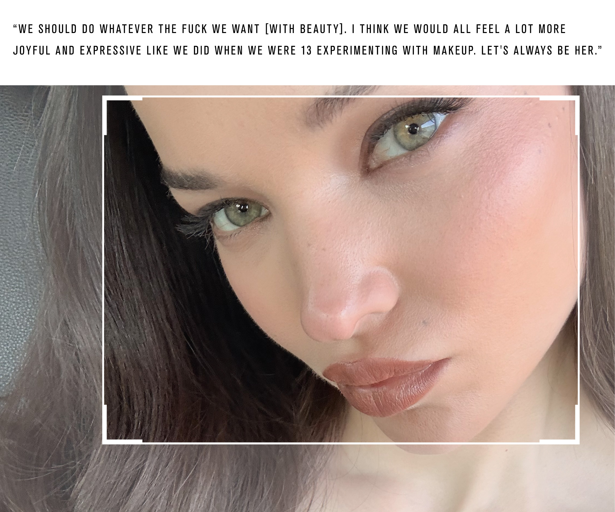 Selfie of Dove Cameron close up with a pull quote on top.