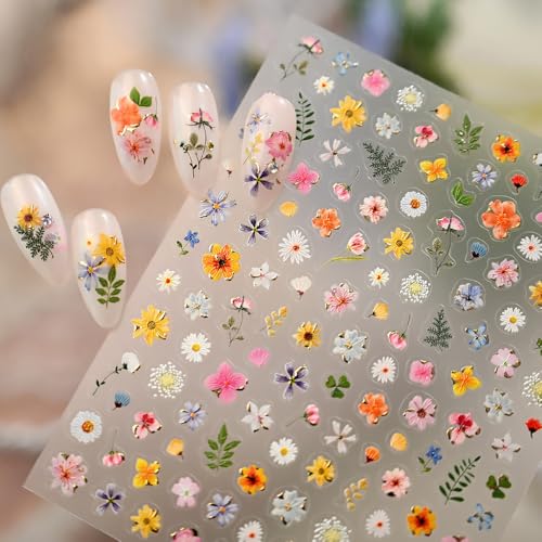 Dried Flower Nail Stickers, Floral Nail Decals 5d Embossed Colorful Daisy Cherry Blossom Nail Design Spring Nail Art Supplies for Women Girls(1sheet)