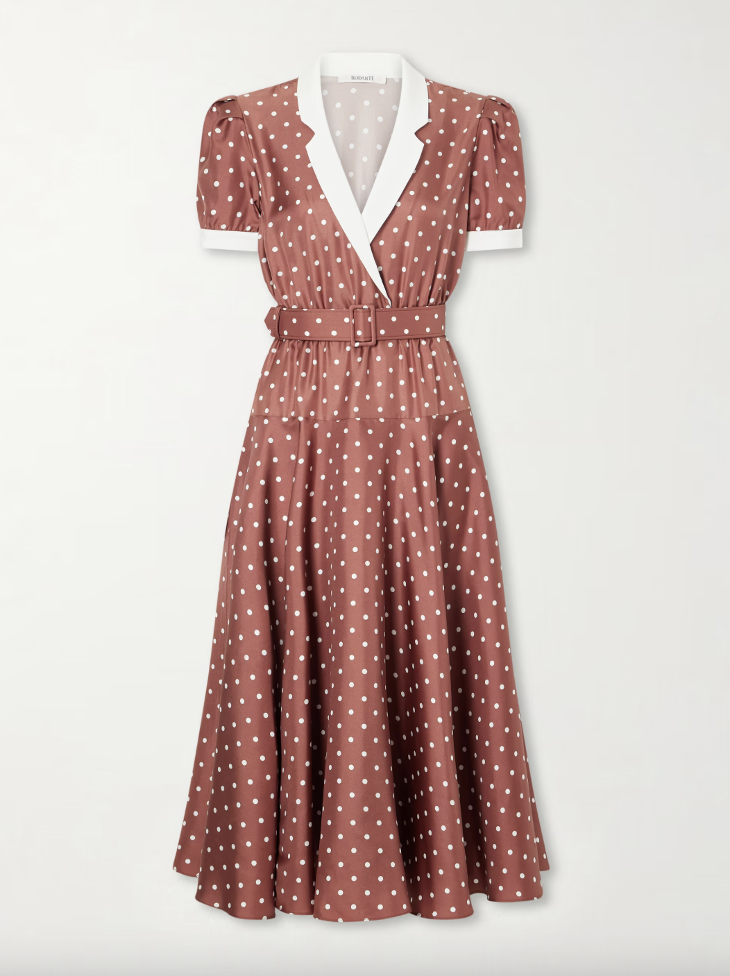 Rodarte Belted Pleated Polka-Dot Crepe-Trimmed Silk-Twill Midi Dress