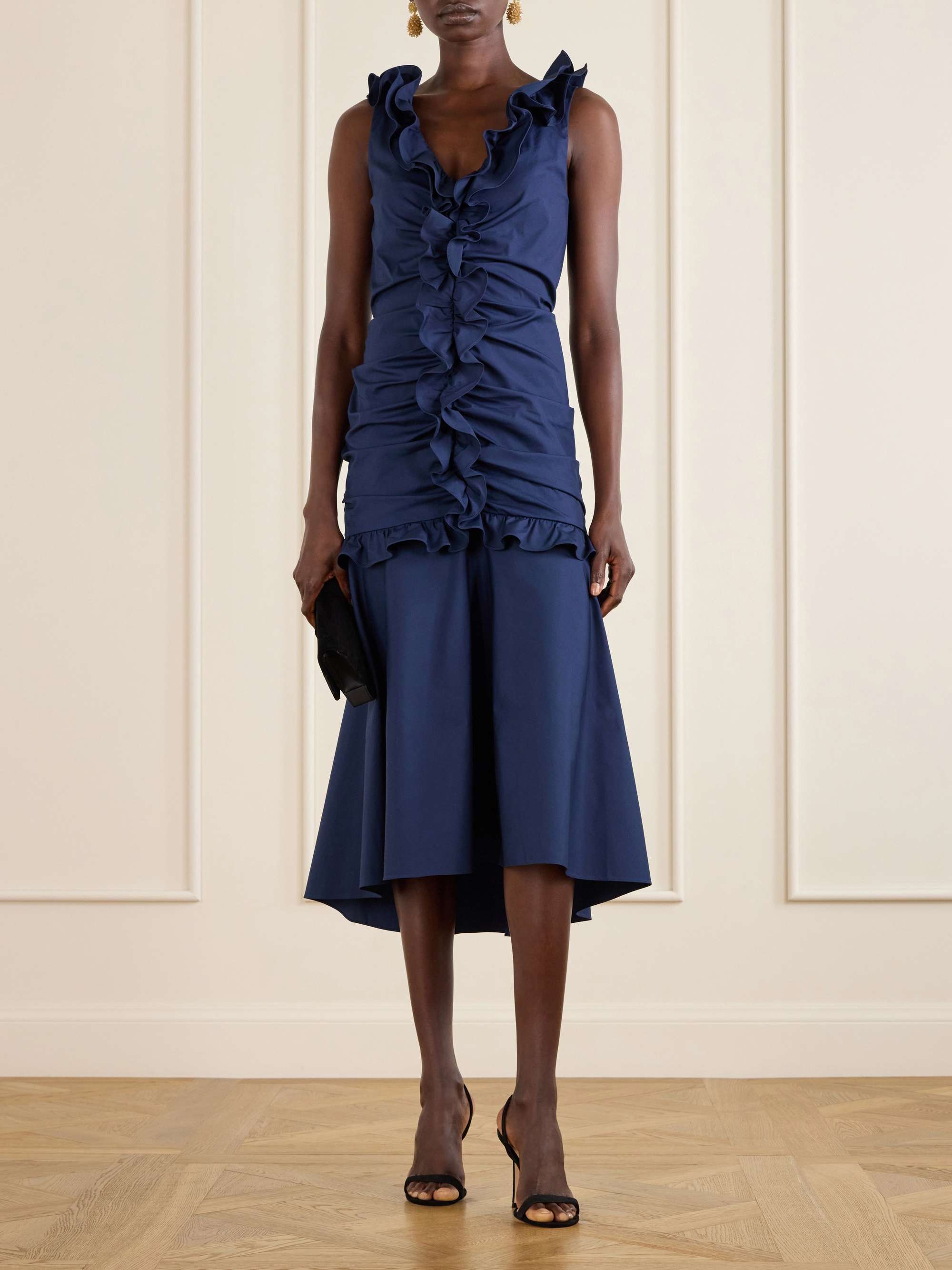 Ruched Ruffled Cotton-Blend Midi Dress