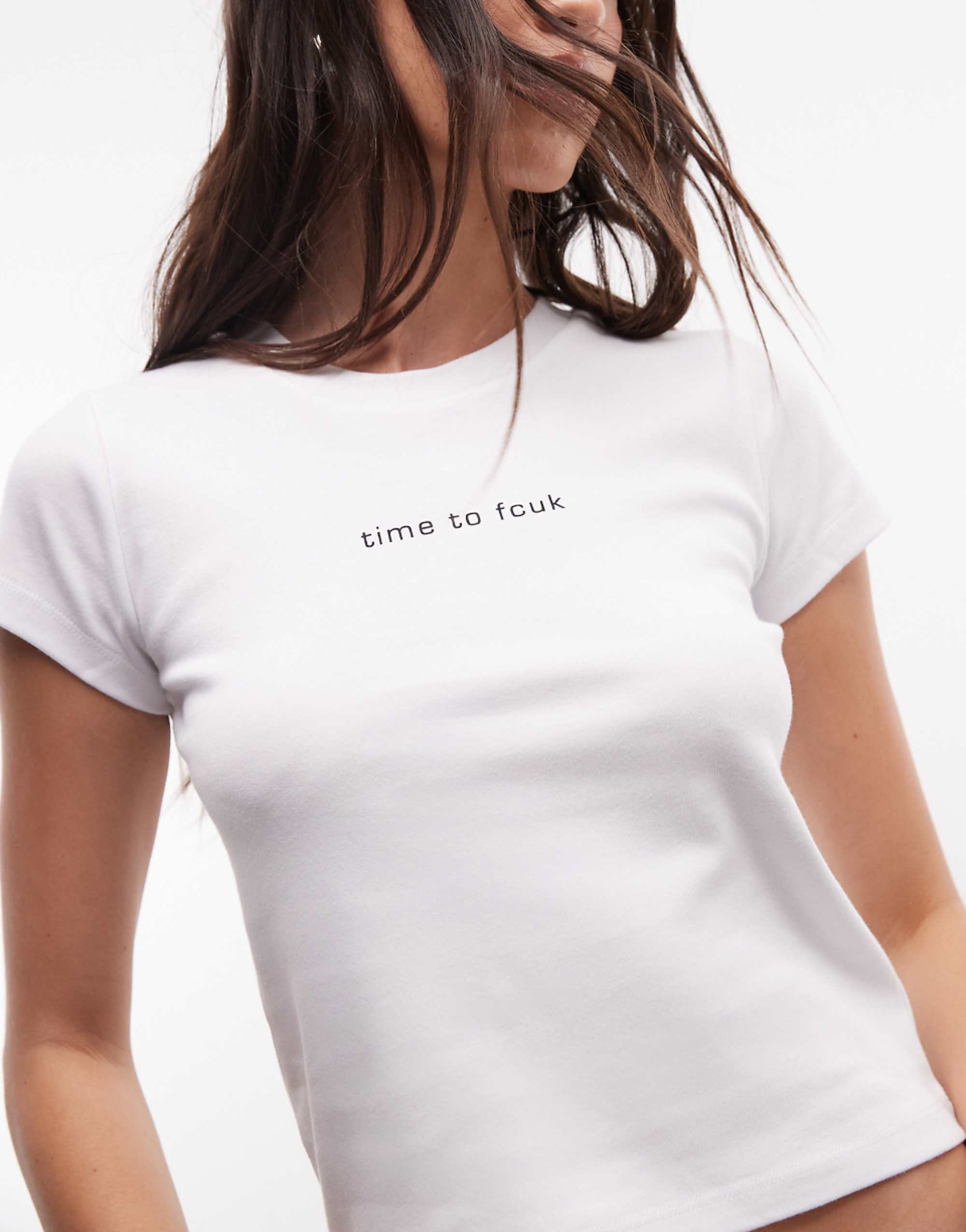 French Connection Time to Fcuk Slogan Baby Tee in White/black