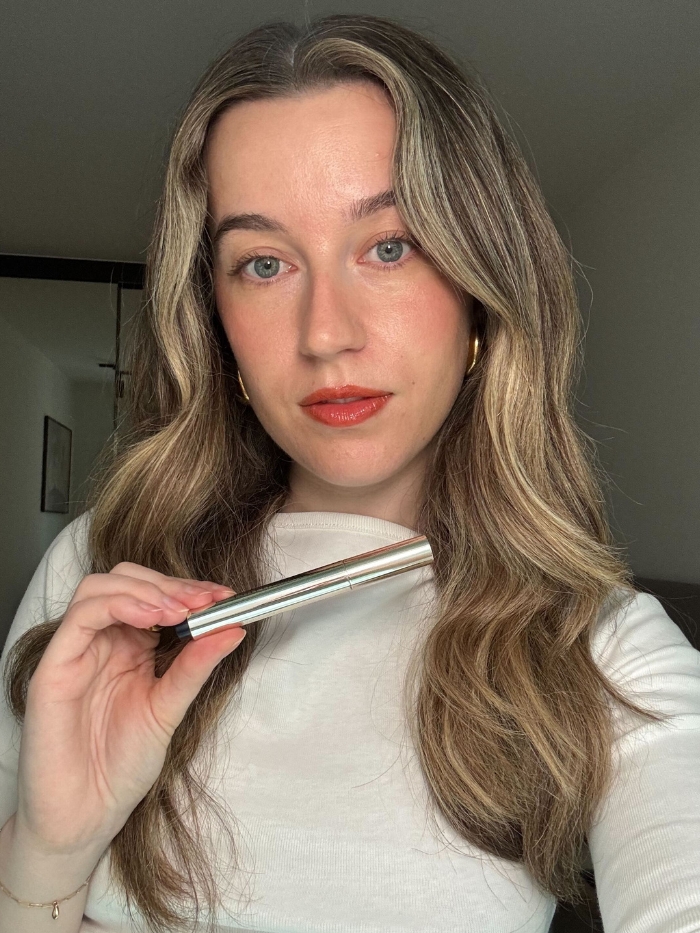 Deputy beauty editor Grace Lindsay testing the Est&amp;eacute;e Lauder Pure Colour Melt-On Glosstick