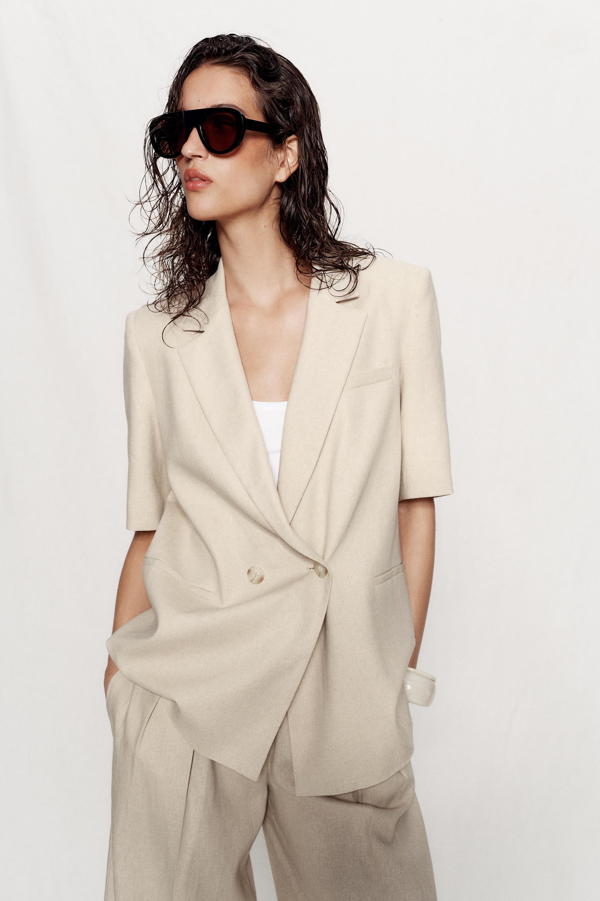 Short Sleeve Linen Blend Double Breasted Blazer