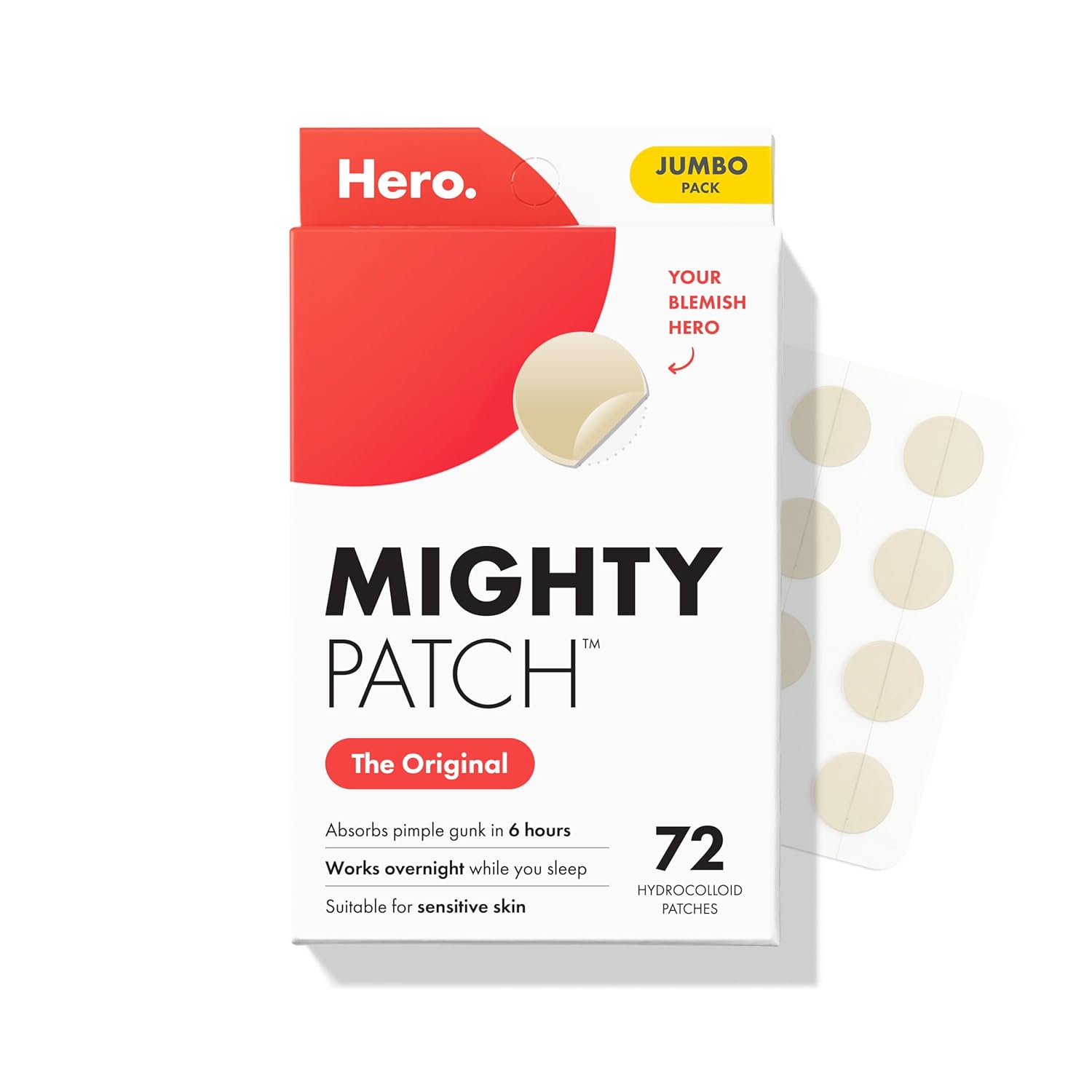 Mighty Patch Original Patch From Hero Cosmetics &amp;ndash; the #1 Hydrocolloid Acne Pimple Patch for Shrinking Zits and Whiteheads in 1 Use; Nighttime Spot Stickers for Face and Skin (72 Count)