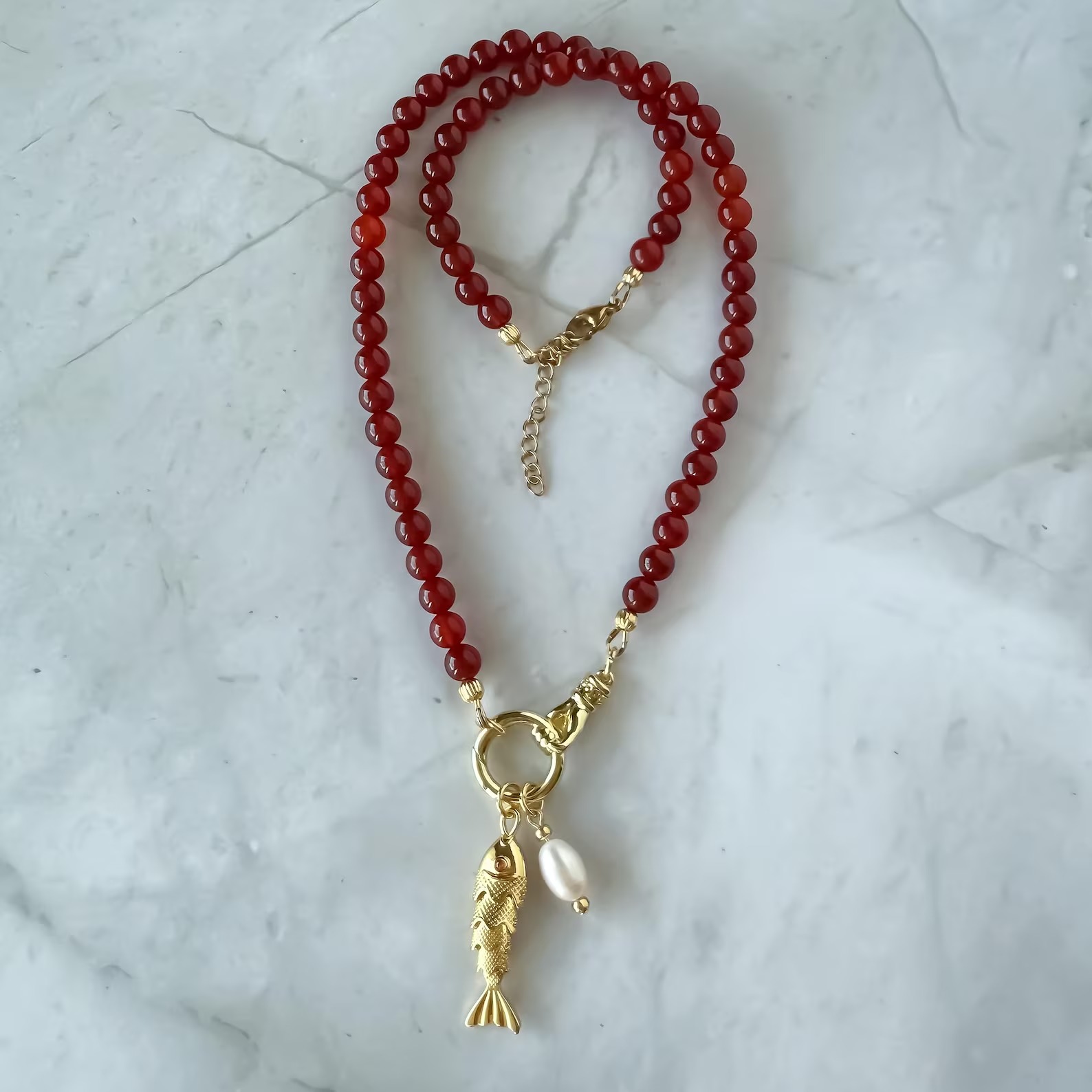 Red Carnelian Beaded Necklace: Articulated Fish &amp;amp; Pearl Charms