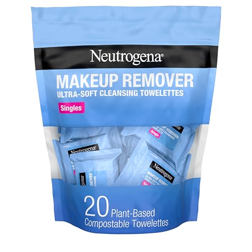 Neutrogena Makeup Remover Facial Cleansing Towelette Singles, Daily Face Wipes Remove Dirt, Oil, Makeup &amp;amp; Waterproof Mascara, Gentle, Individually Wrapped, 100% Plant-Based Fibers, 20 Ct