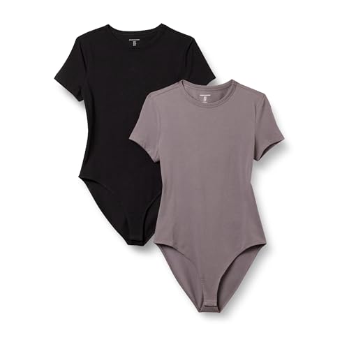 Amazon Essentials Women's Stretch Cotton Jersey Slim-Fit T-Shirt Bodysuit, Pack of 2, Black/grey, Small