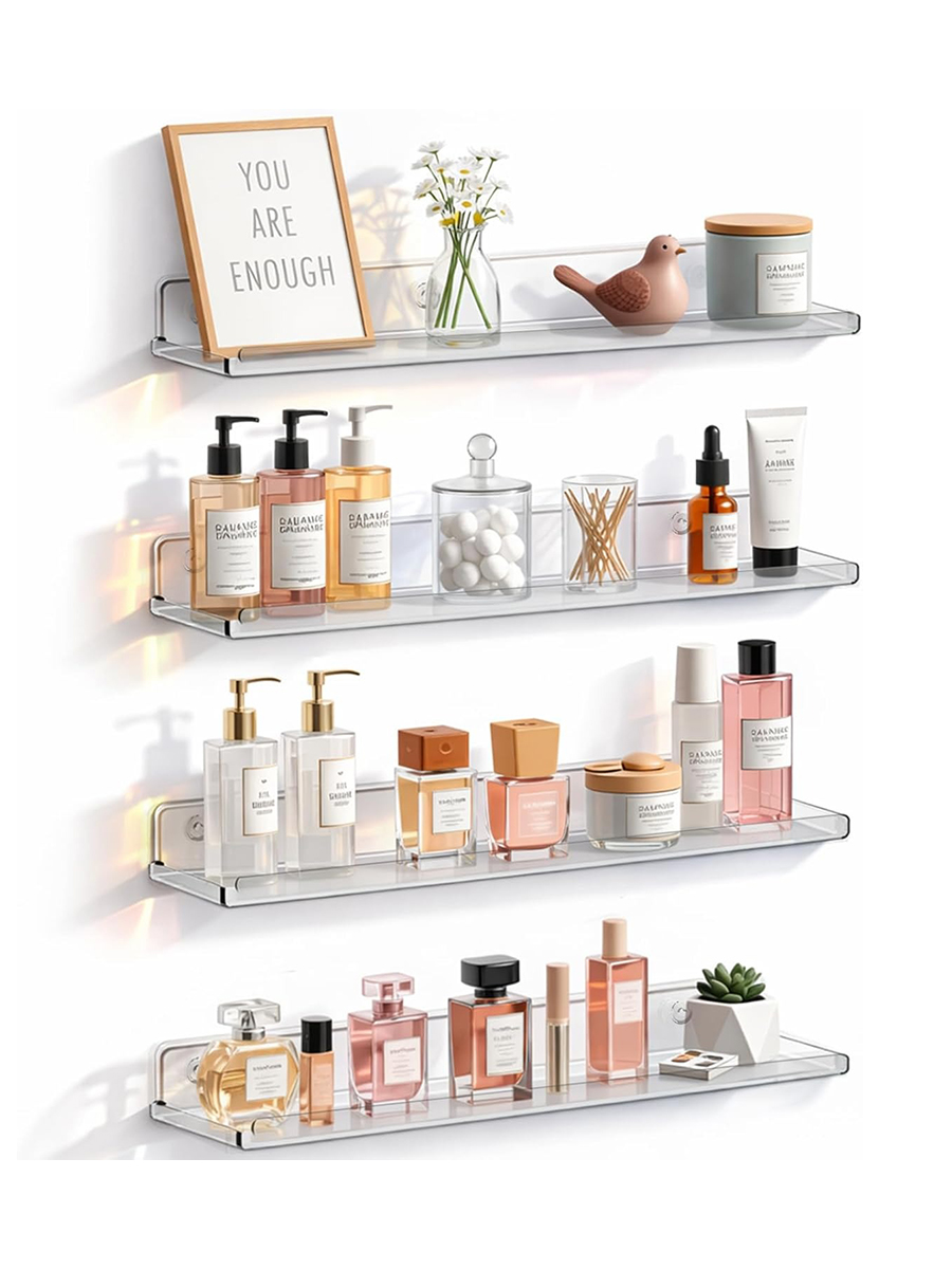 Lifewit Floating Shelves for Bathroom, Acrylic Display Shelf Wall Mounted for Makeup, Skincare, Nail Polish, Book, 14" Perfume Organizer for Bedroom, Living Room, Nursery, Home Decor, Clear, 4 Pack