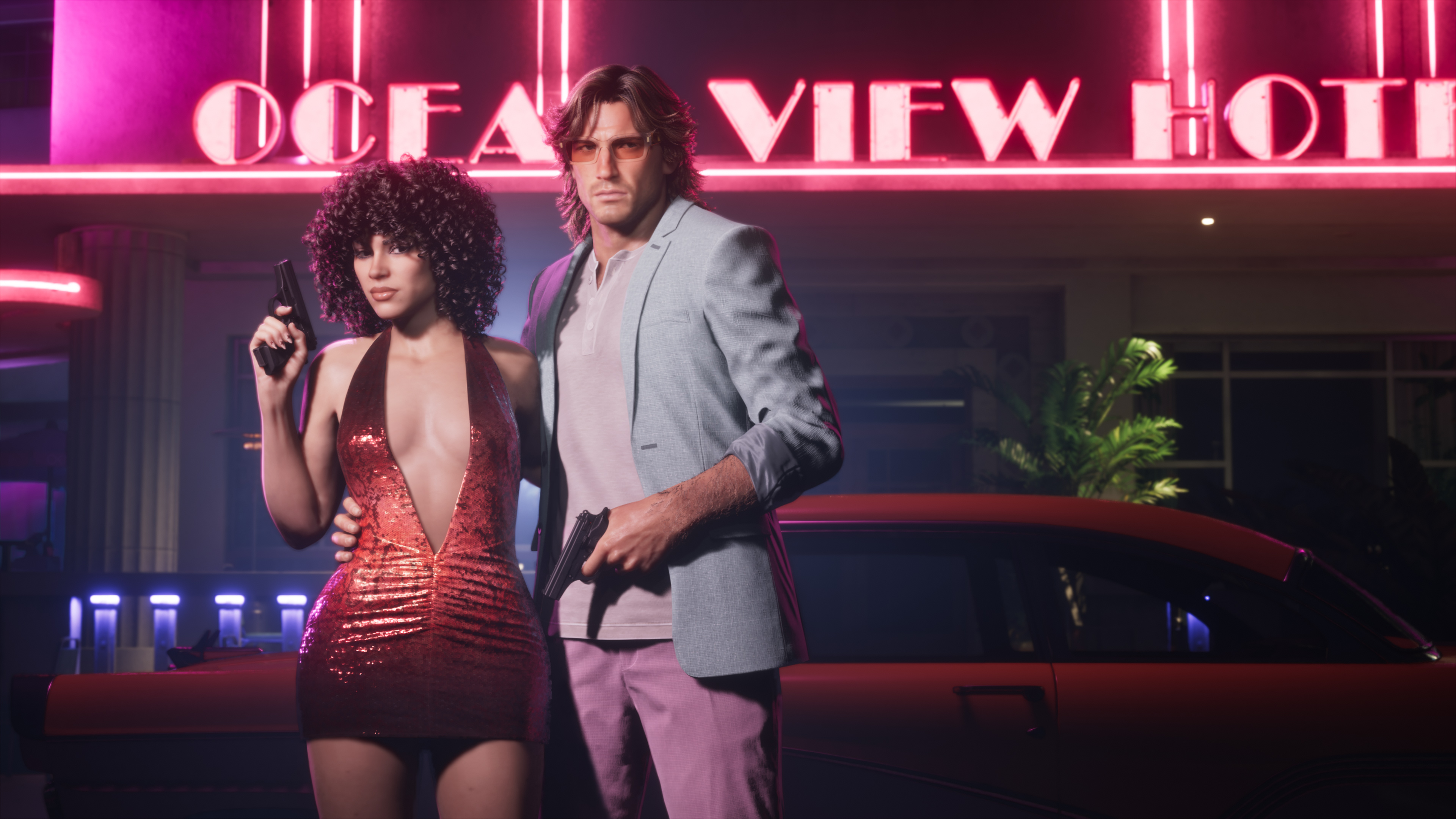 Two people, a woman in a red sequined dress holding a gun and a man in a gray suit, standing in front of a neon "Ocean View Hotel" sign.