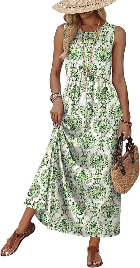 WIHOLL, Womens Dresses Midi Maxi Summer Dresses Long Casual Sundresses With Pockets 2026 Beach Vacation Clothes Maternity Babydoll Dress Empire Waist Trendy Cruise Outfits Spring Green L