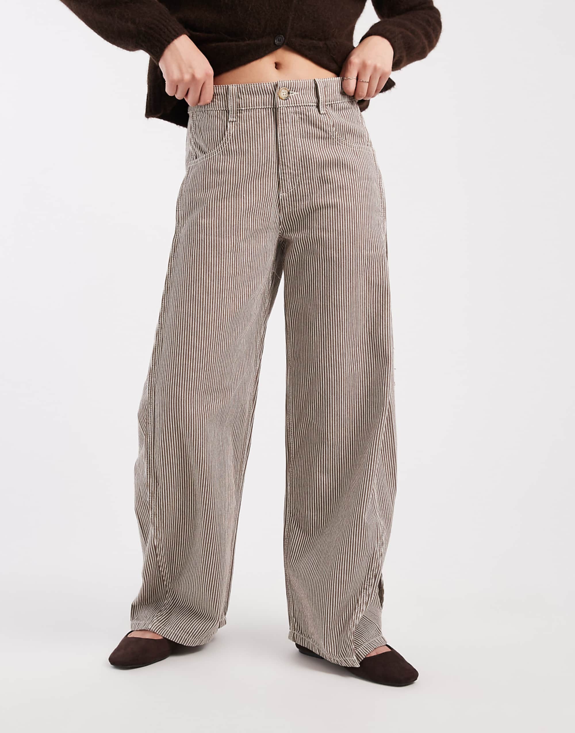 Asos Design Horseshoe Pants With Tab Waist Detail in Brown Stripes