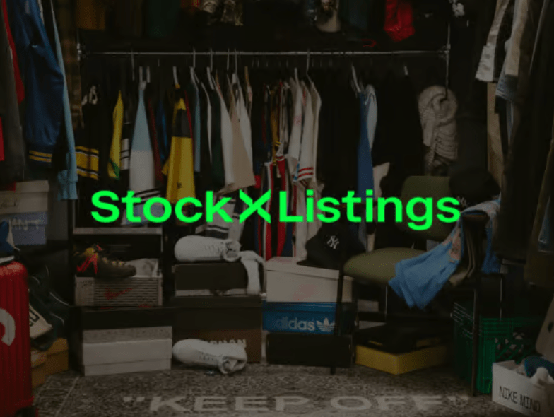 Clothing rack with various apparel items, including Adidas and other brands. Text overlay reads "StockXListings".