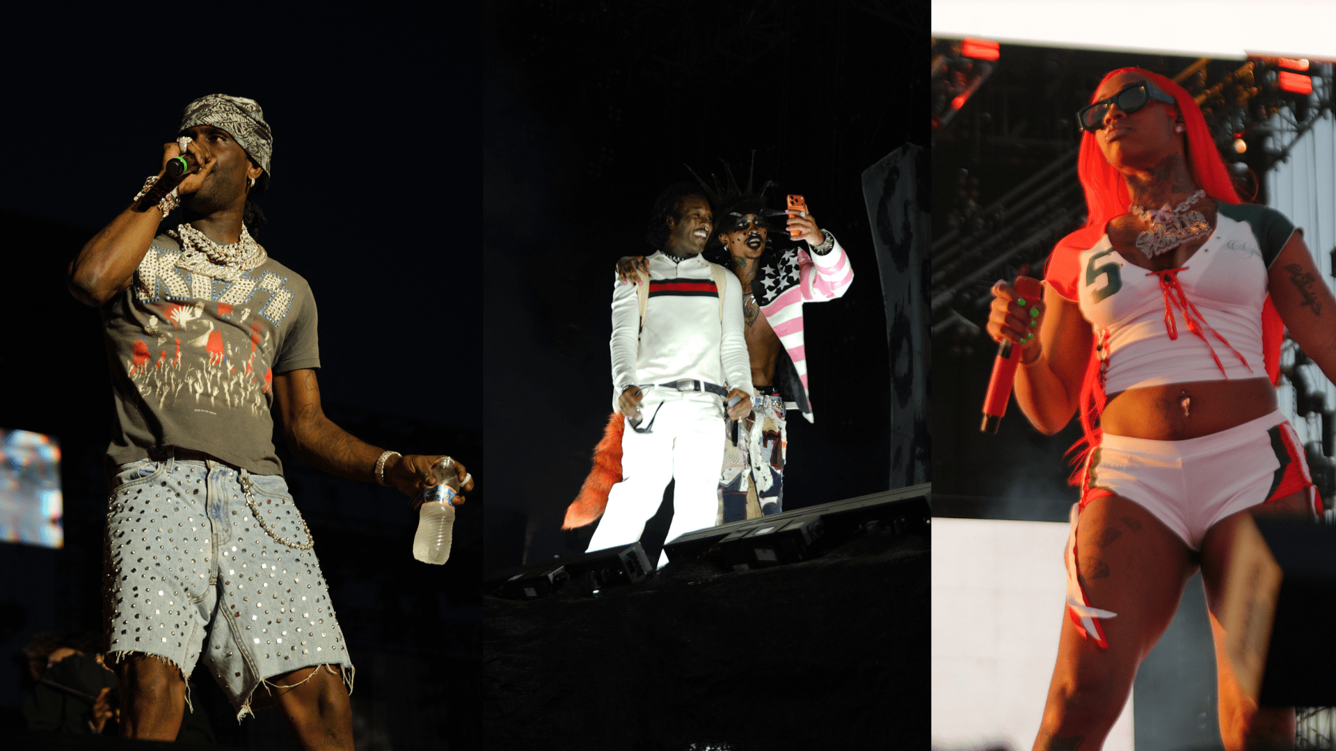 Performers on stage in colorful, stylized outfits singing into microphones during a concert or performance event.