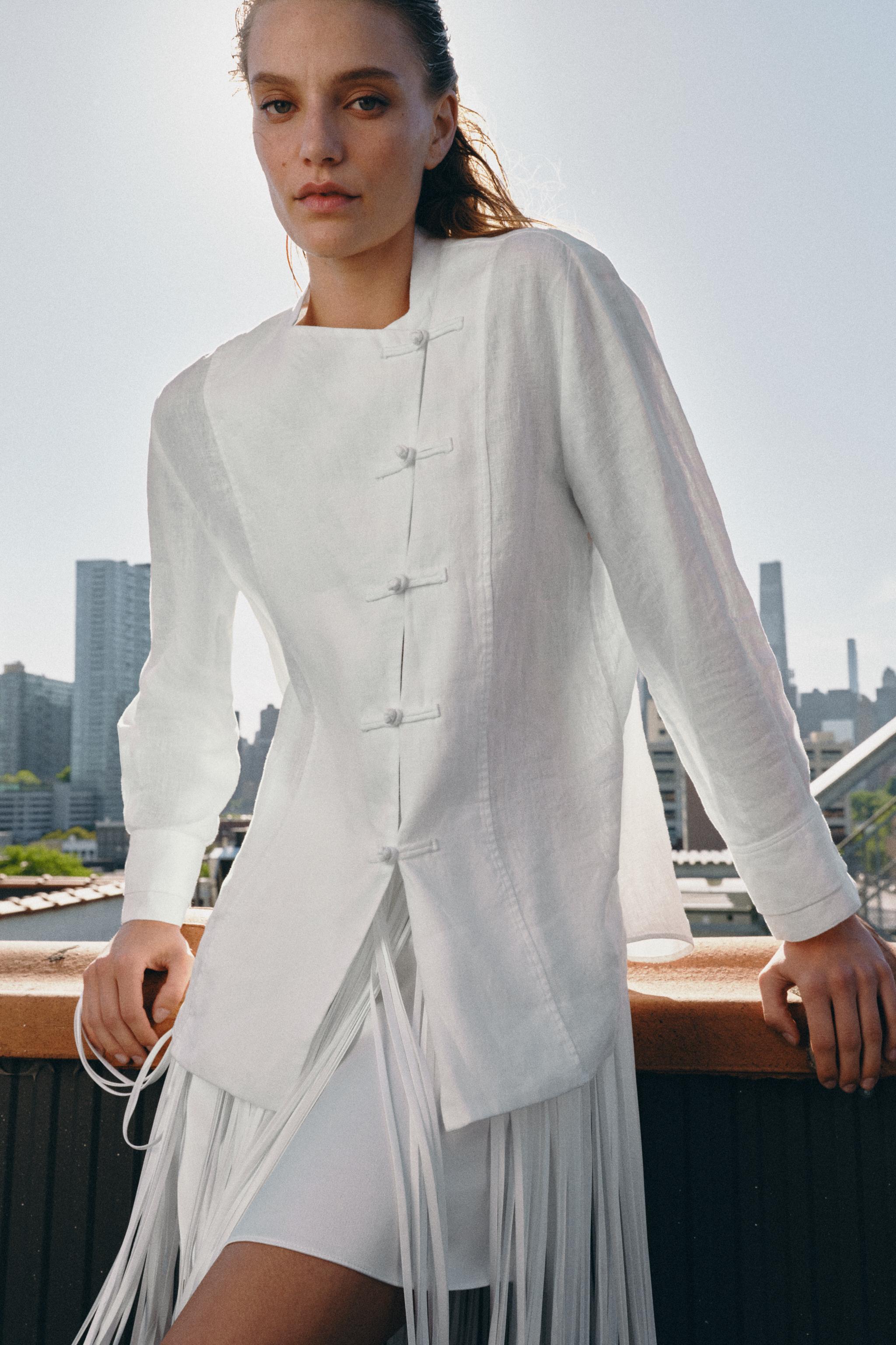Zw Collection 100% Linen Shirt With Frog Fastening