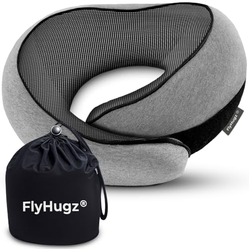 Flyhugz&amp;reg; Neck Travel Pillow Memory Foam Neck Pillow for Comfort on Airplane Compact and Ergonomic Design for Travel, Car Rides, and Home Use Ideal for Adults and Kids.