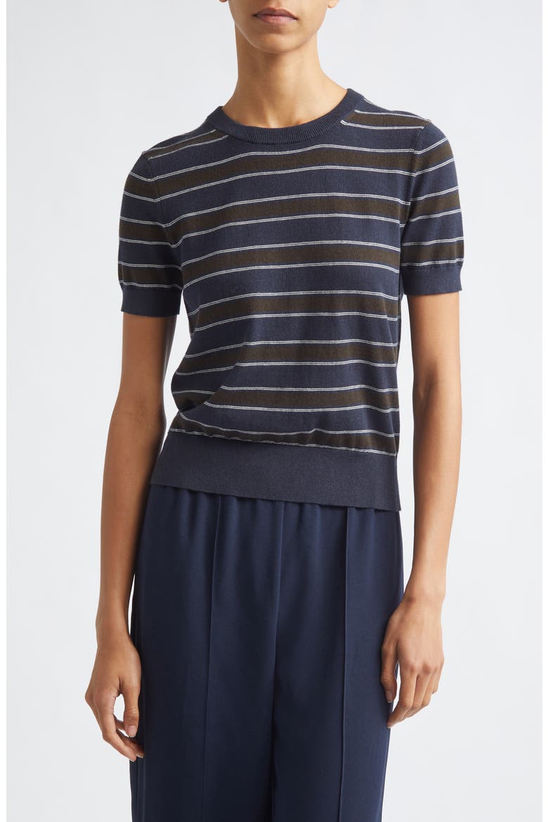 Stripe Short Sleeve Cotton &amp;amp; Cashmere Sweater T-Shirt