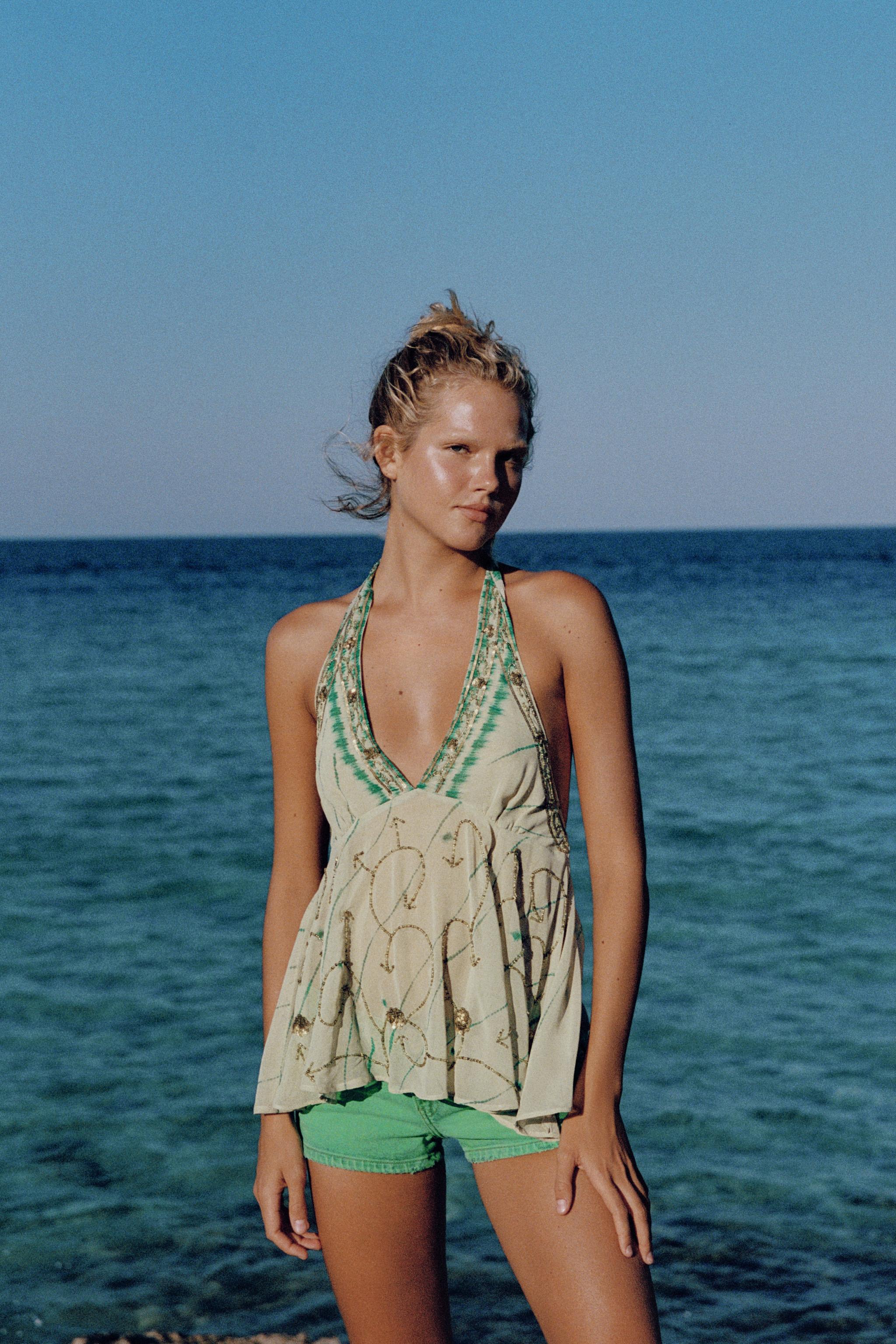 Printed Embroidered Halter Top - Sea Green - Xs