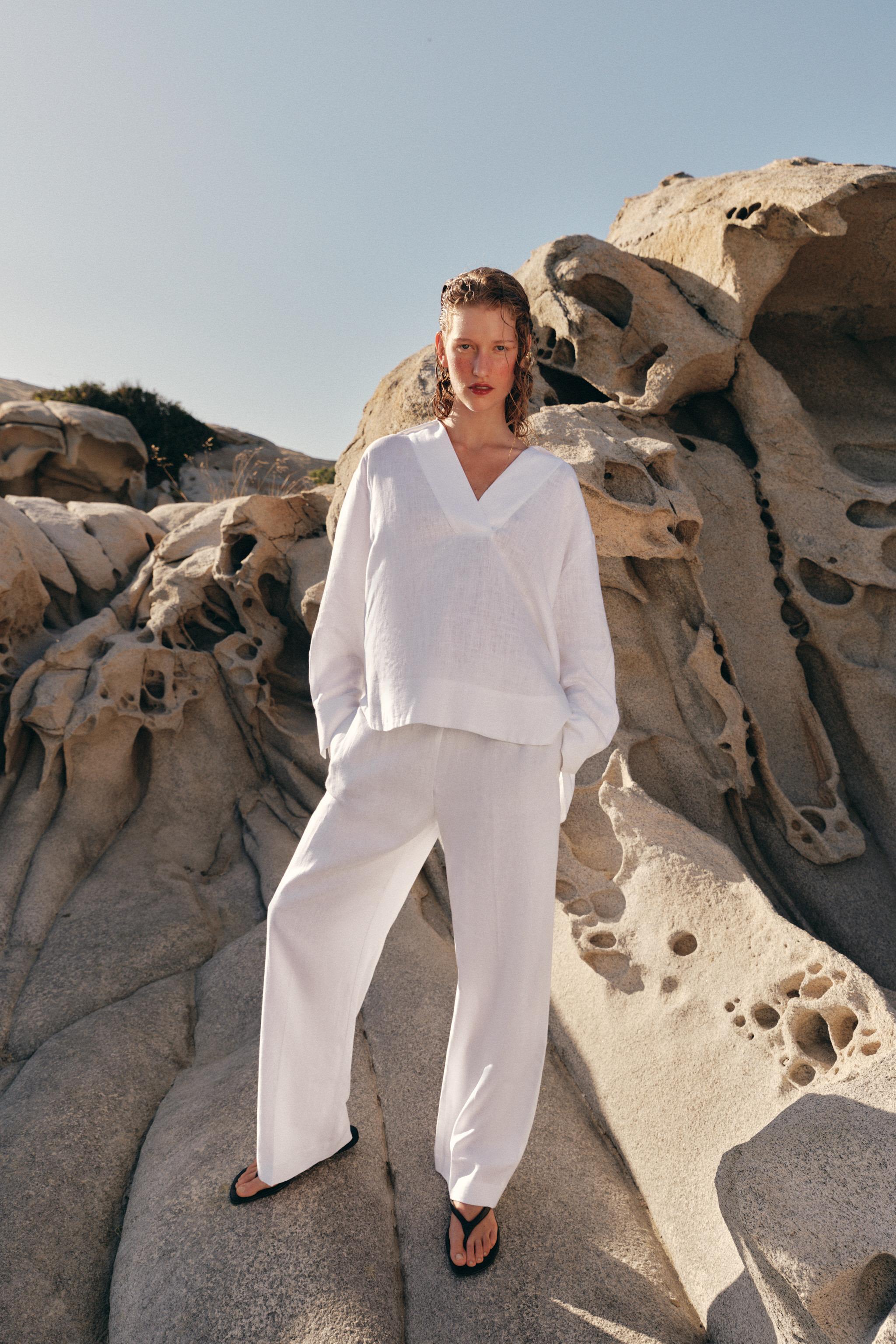 Linen Blend Polo Collar Blouse - White - Xs